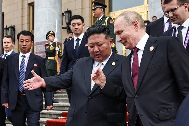 <p>North Korean leader Kim Jong Un with Russian president Vladimir Putin after their meeting in Beijing</p>