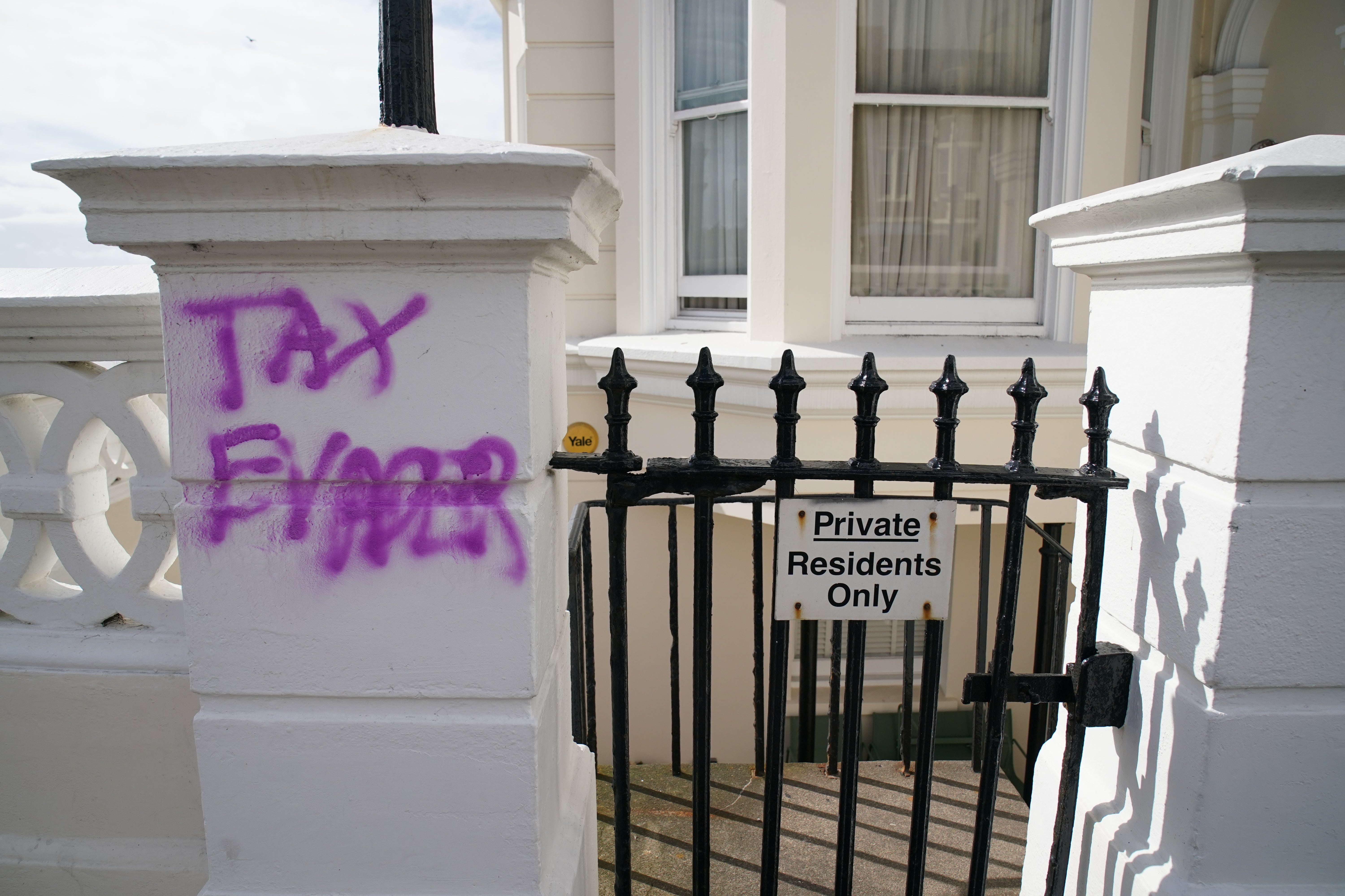 Graffiti daubed outside the apartment building in Hove, East Sussex, where Angela Rayner owns a second home