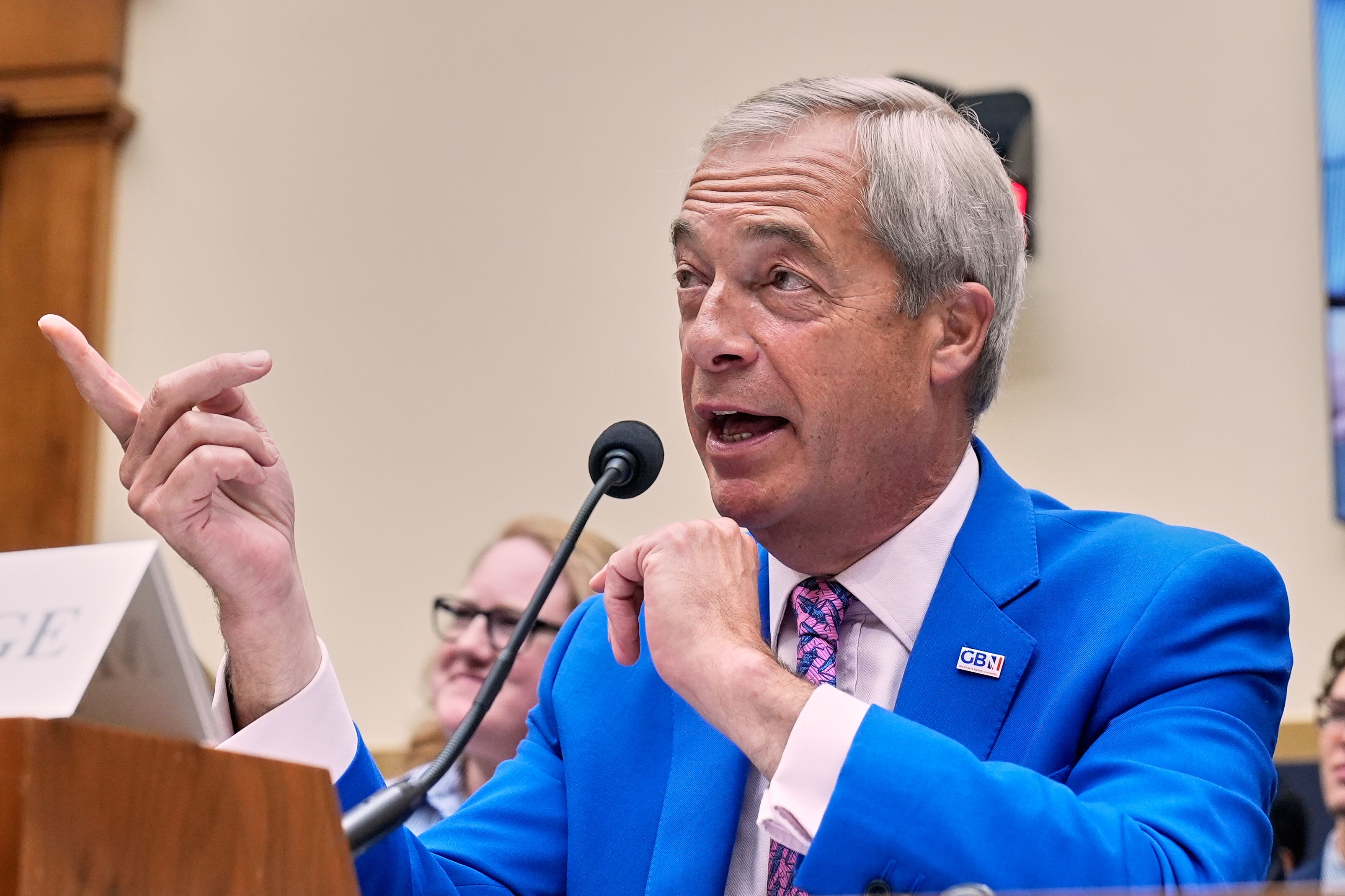 Nigel Farage gave evidence at a US congressional committee before delivering a speech in Washington on Wednesday (Mariam Zuhaib/AP)