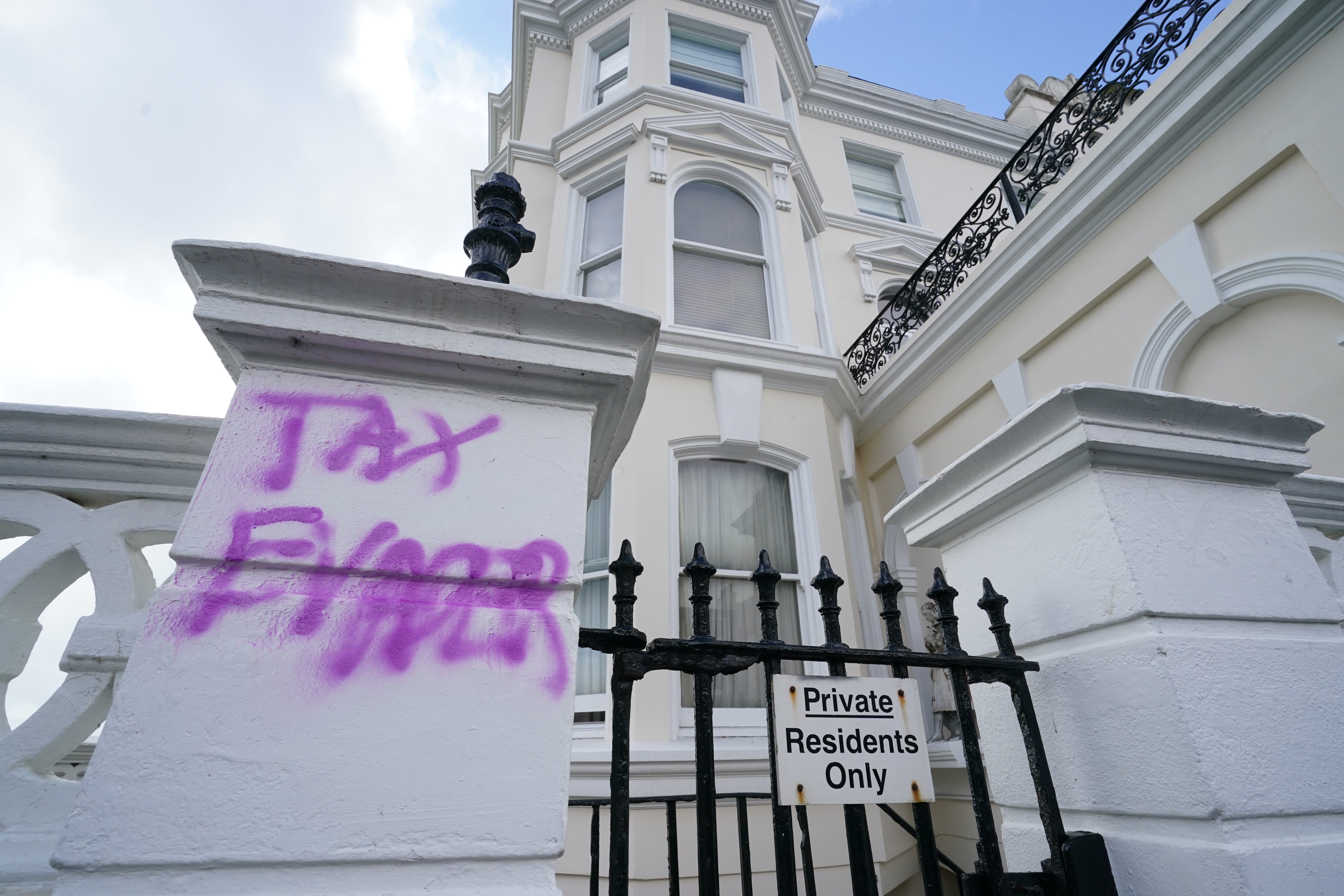Graffiti daubed outside the apartment building in Hove, East Sussex, where Angela Rayner owns a flat