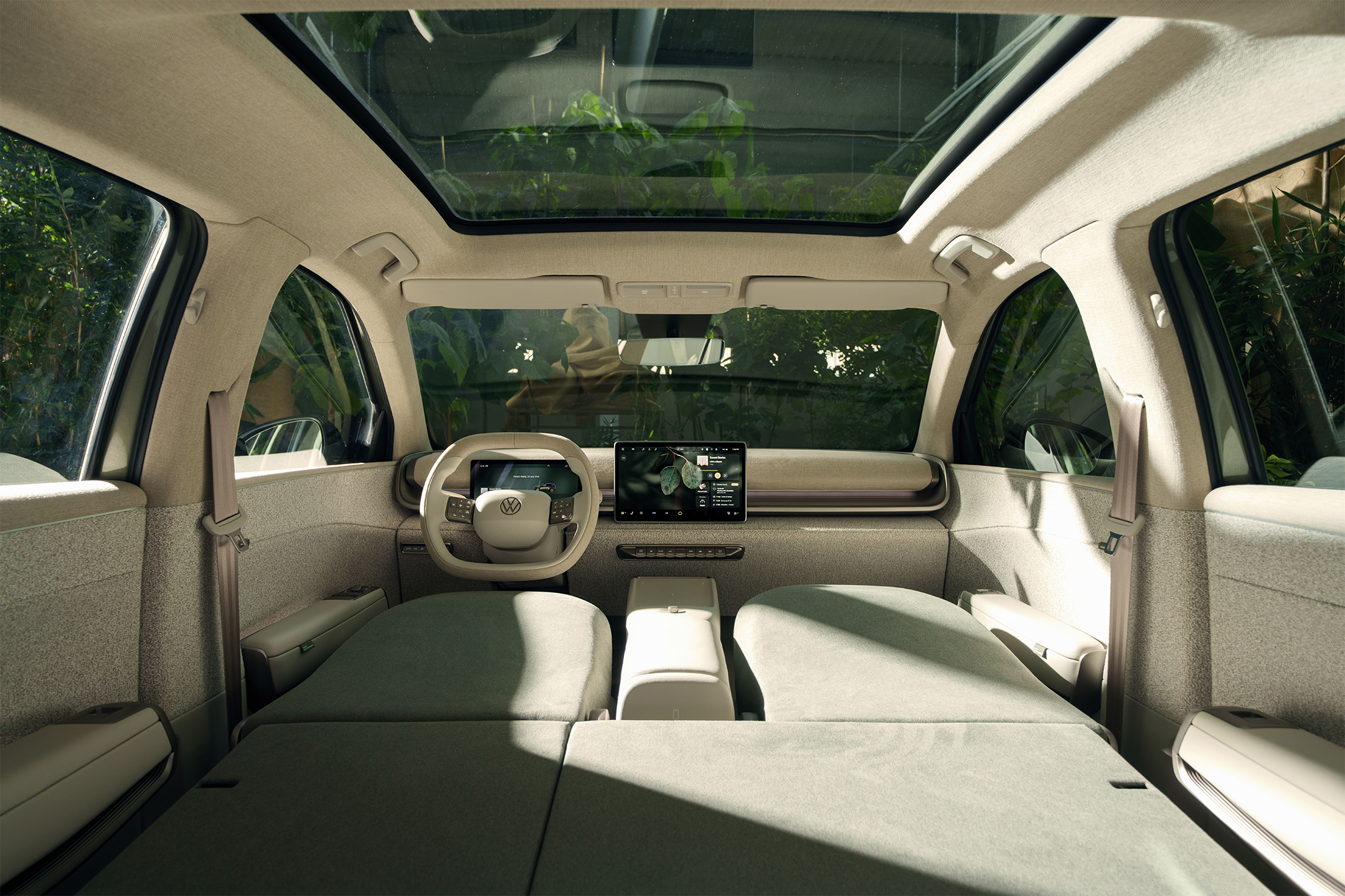 Seats can be folded down completely to create a reclining area in the style of a classic VW Bus