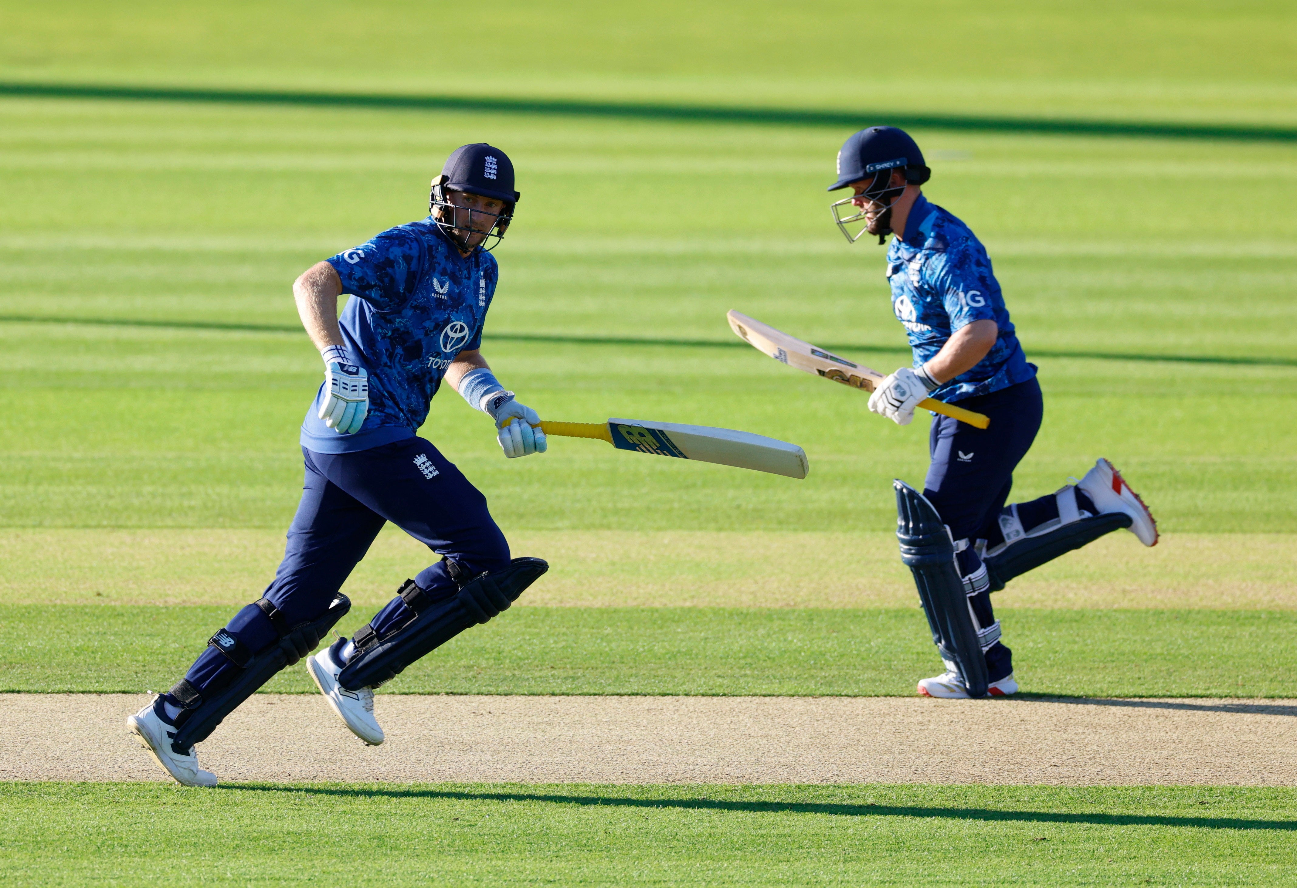 England's Ben Duckett and Joe Root in action as they run between the wickets