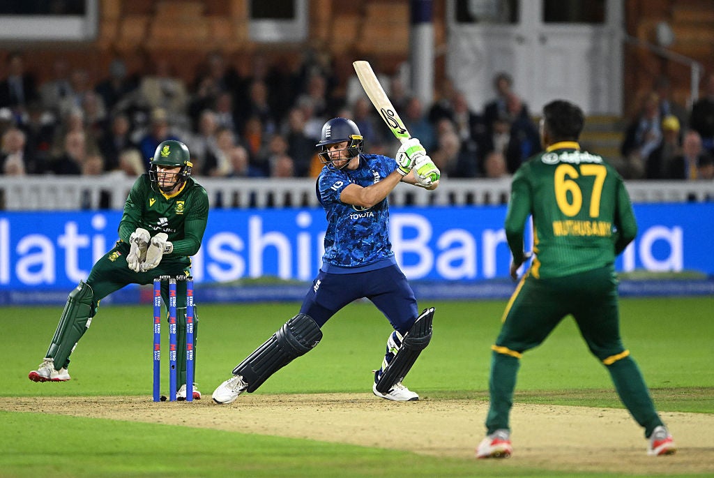 Jos Buttler hits through the off side against South Africa