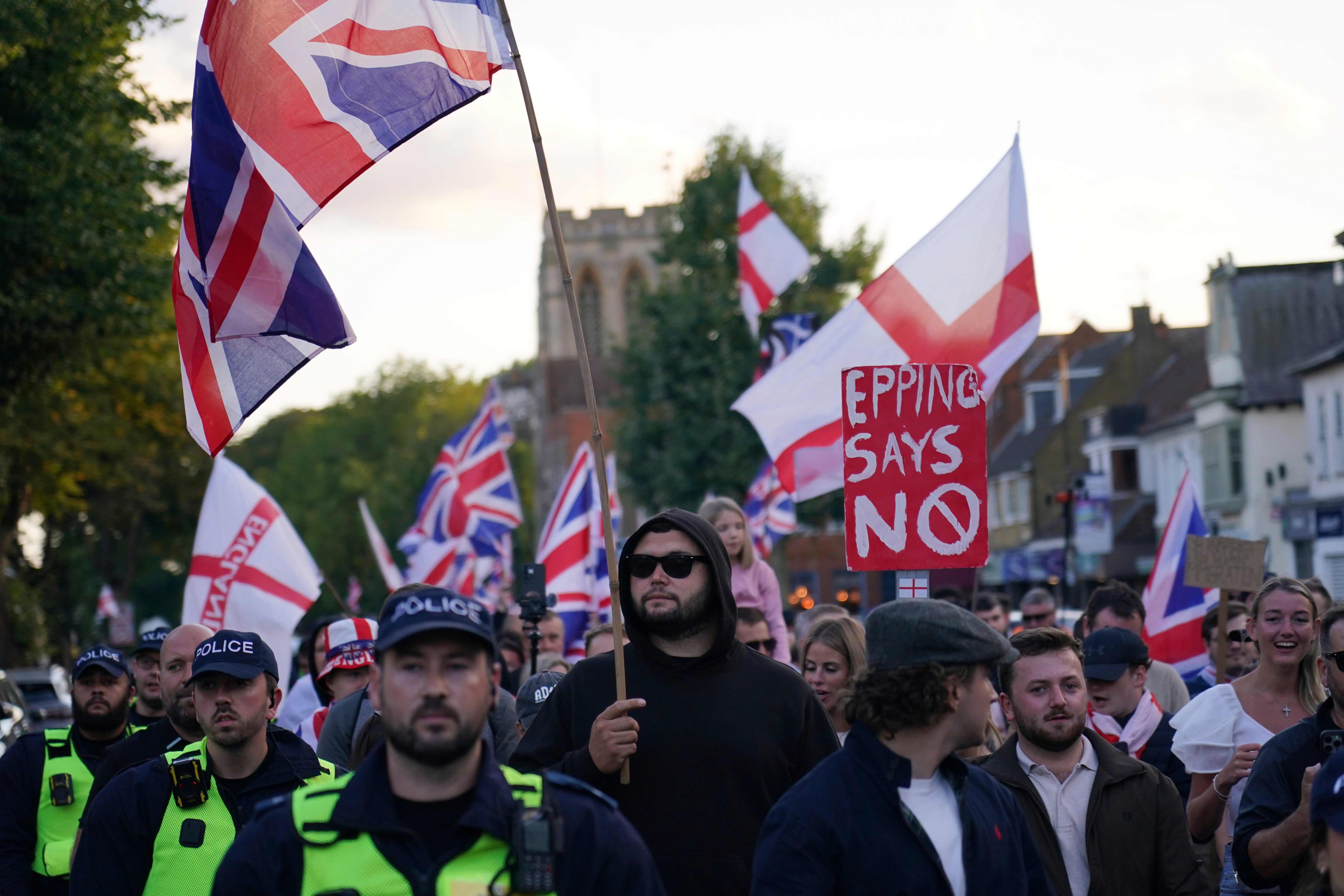 Protesters outside the Bell Hotel in Epping