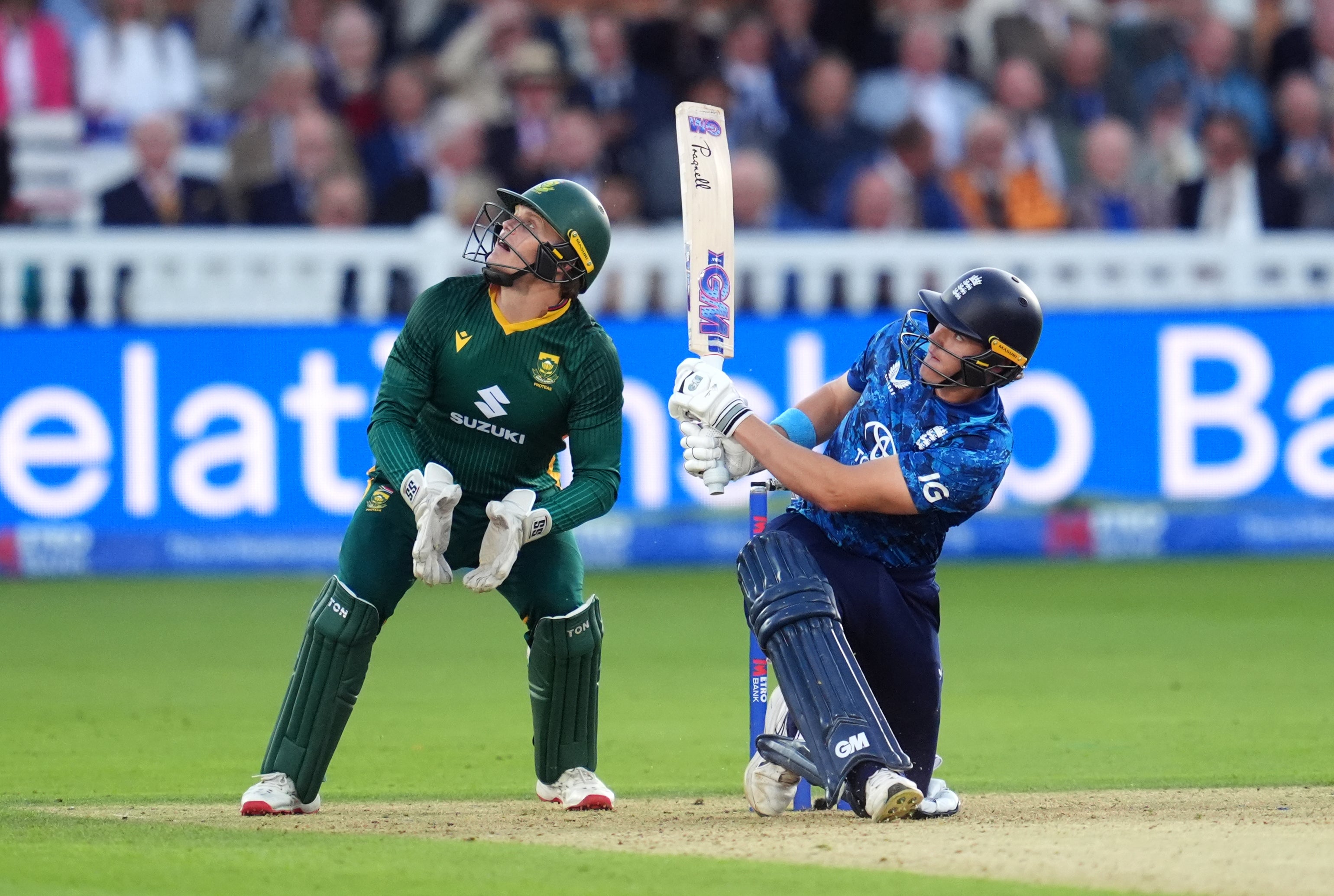 Jacob Bethell smashes a six during the second one-day international against South Africa