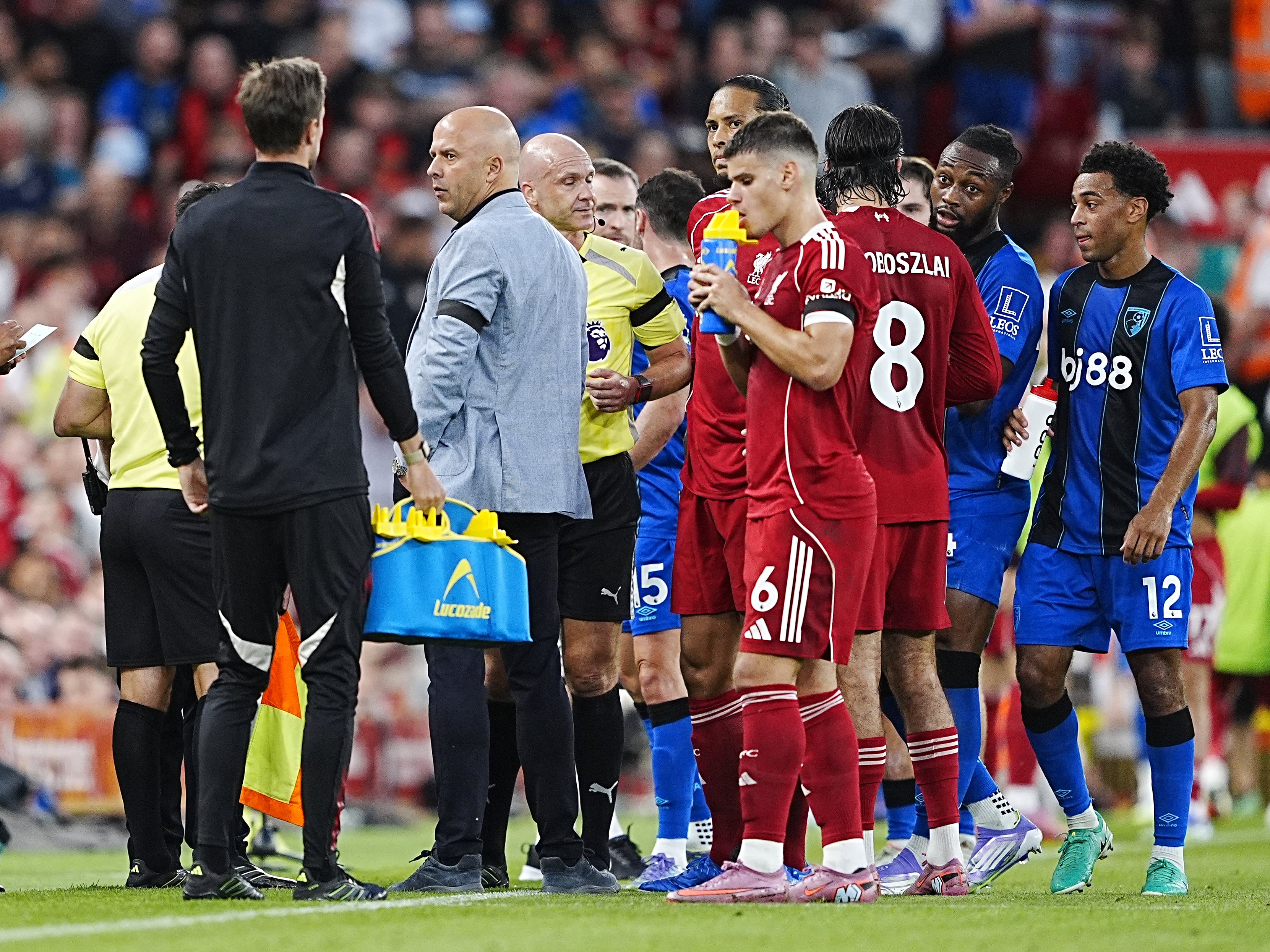 <p>Liverpool v Bournemouth at Anfield in August was paused after Antoine Semenyo suffered alleged racial abuse (Peter Byrne/PA)</p>