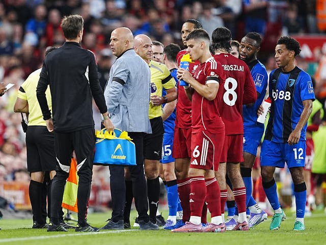 <p>Liverpool v Bournemouth at Anfield in August was paused after Antoine Semenyo suffered alleged racial abuse (Peter Byrne/PA)</p>