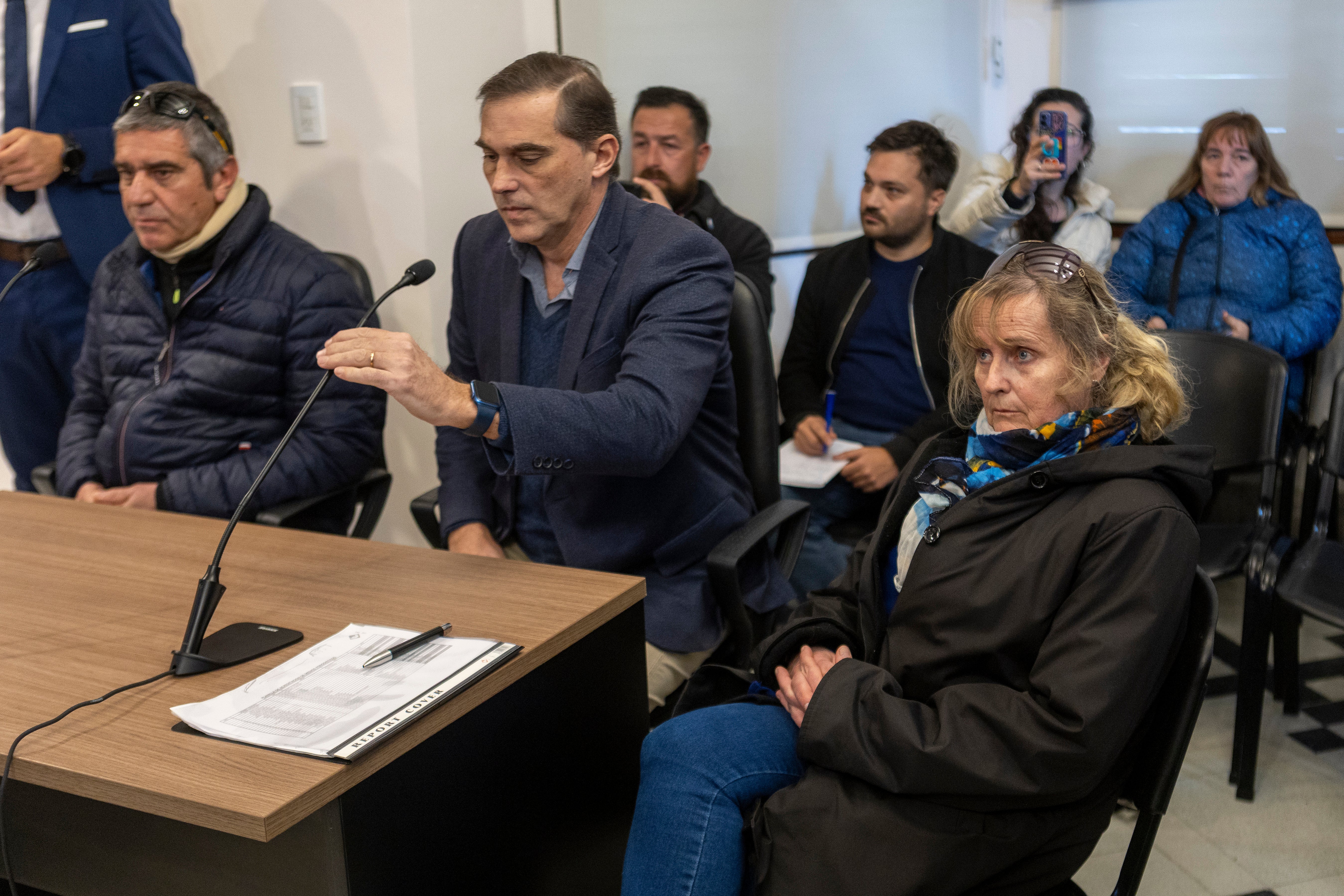Patricia Kadgien, right, one of the daughters of fugitive Nazi official Friedrich Kadgien, and her husband, Juan Carlos Cortegoso, left, attend a court hearing in the case of the theft of the 18th-century Italian ‘Portrait of a Lady’, which was taken from a Jewish collector during the Second World War, in Mar del Plata, Argentina, Thursday, 4 September 2025