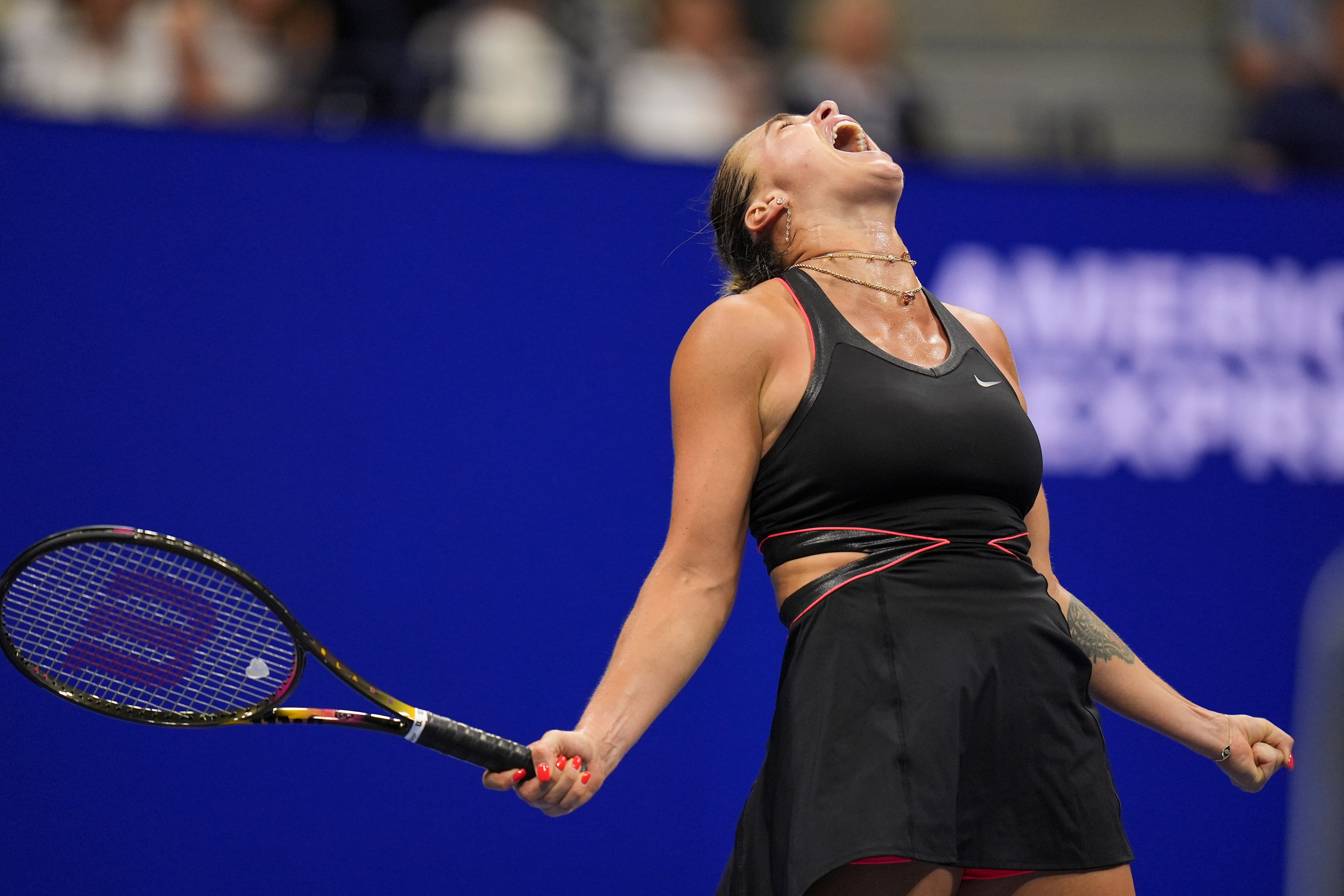 Aryna Sabalenka reacts after beating Jessica Pegula (Seth Wenig/AP)