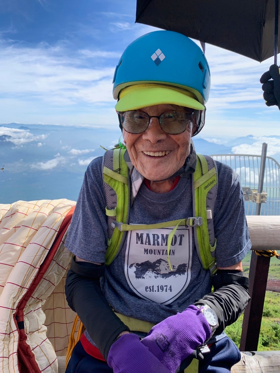 This photo provided by Motoe Hoshino shows her father Kokichi Akuzawa as they were climbing Mount Fuji, west of Tokyo, Aug. 5, 2025. (Family courtesy photo via AP)