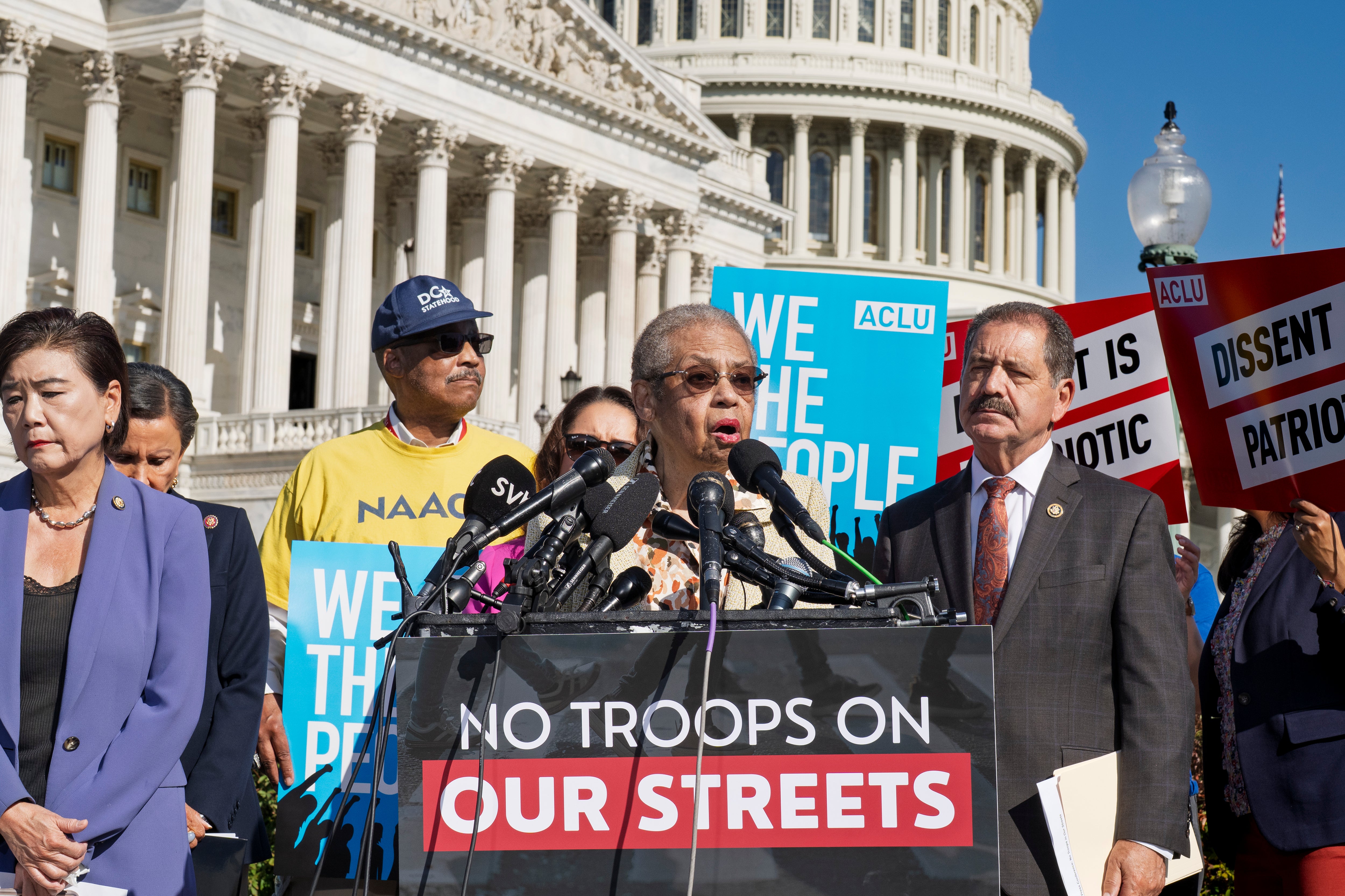 D.C. Democratic Del. Eleanor Holmes Norton delivers a speech opposing President Donald Trump's threat to deploy National Guard troops and federal law enforcement officers to combat crime on the streets of Chicago, Baltimore, and other American cities, at the Capitol on Sept. 3.