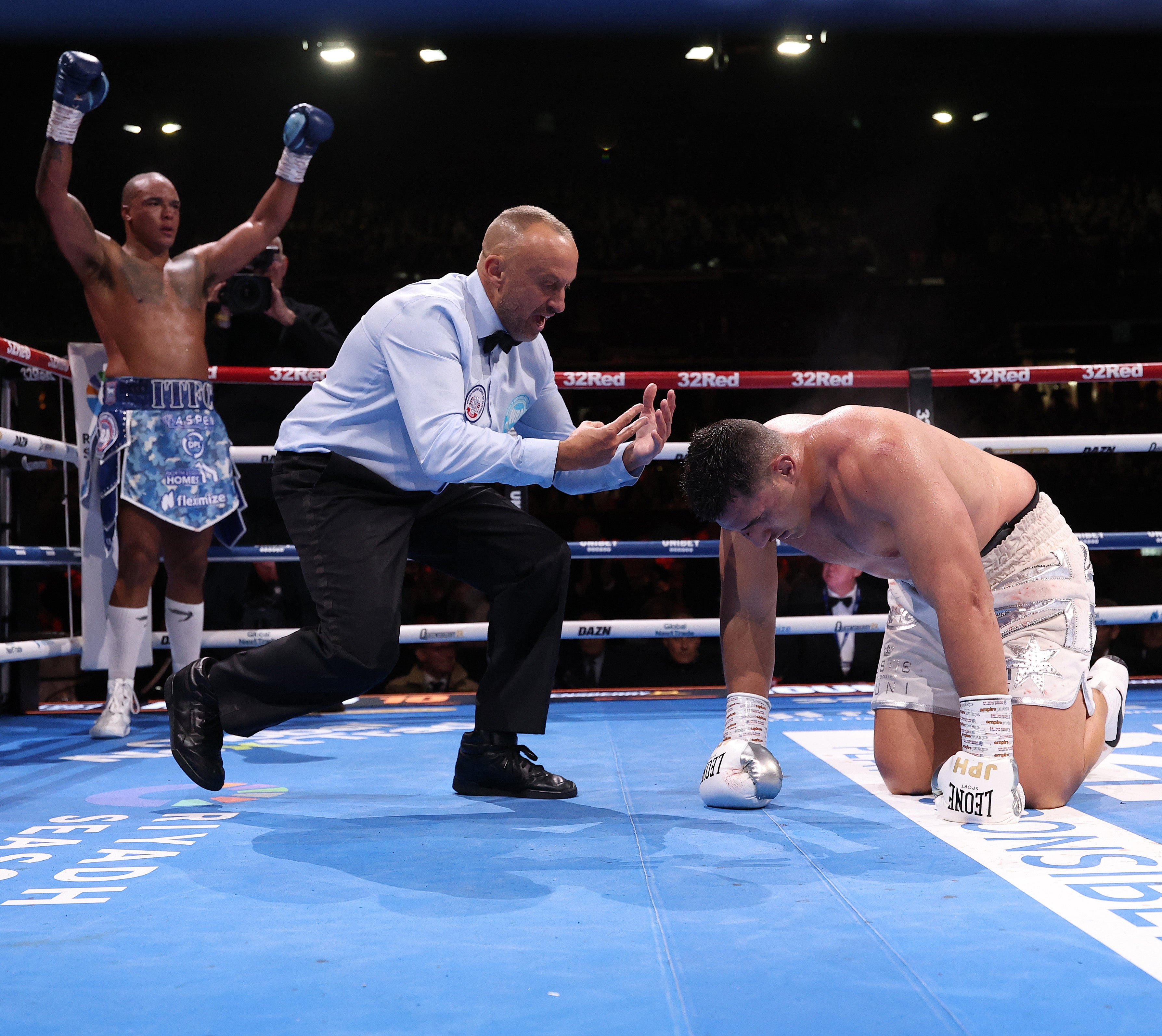 Fabio Wardley (left) was badly struggling against Justis Huni before producing a stoppage out of nowhere