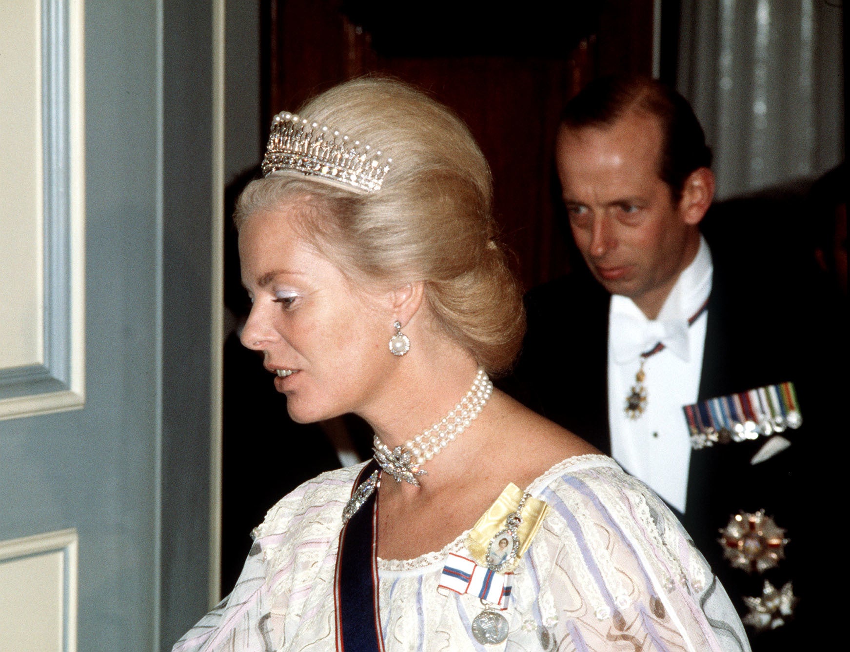 The Duchess of Kent with the Duke of Kent at the Portuguese embassy for a dinner in honour of Elizabeth II and the Duke of Edinburgh