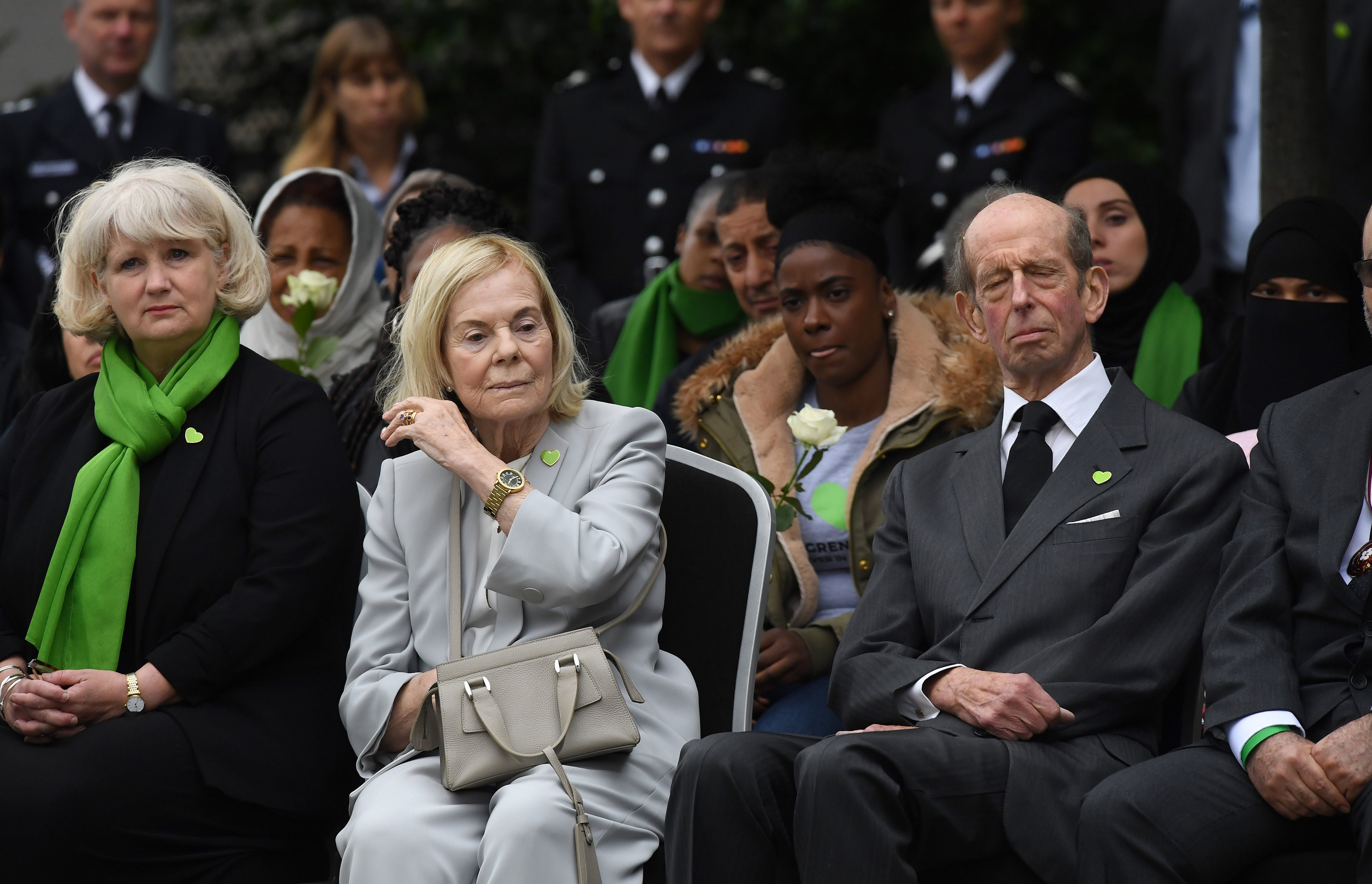 The Duke and Duchess of Kent at Grenfell Tower for the national minute's silence on the first anniversary of the devastating fire which claimed 72 lives