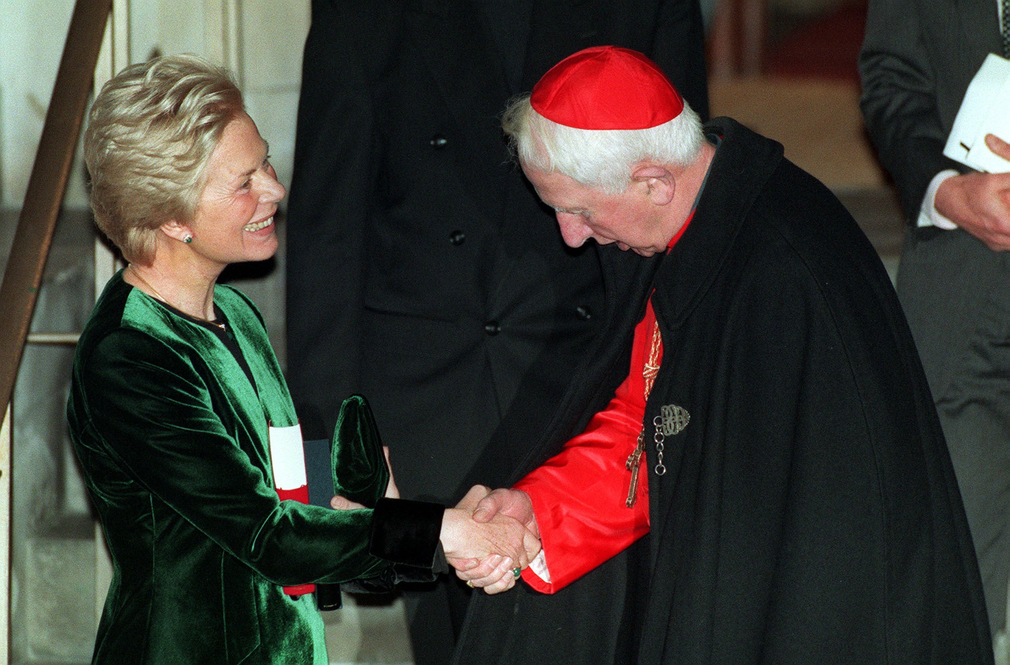 The duchess shakes hands with the Archbishop of Westminster, Cardinal Basil Hume, after he had received her into the Roman Catholic Church