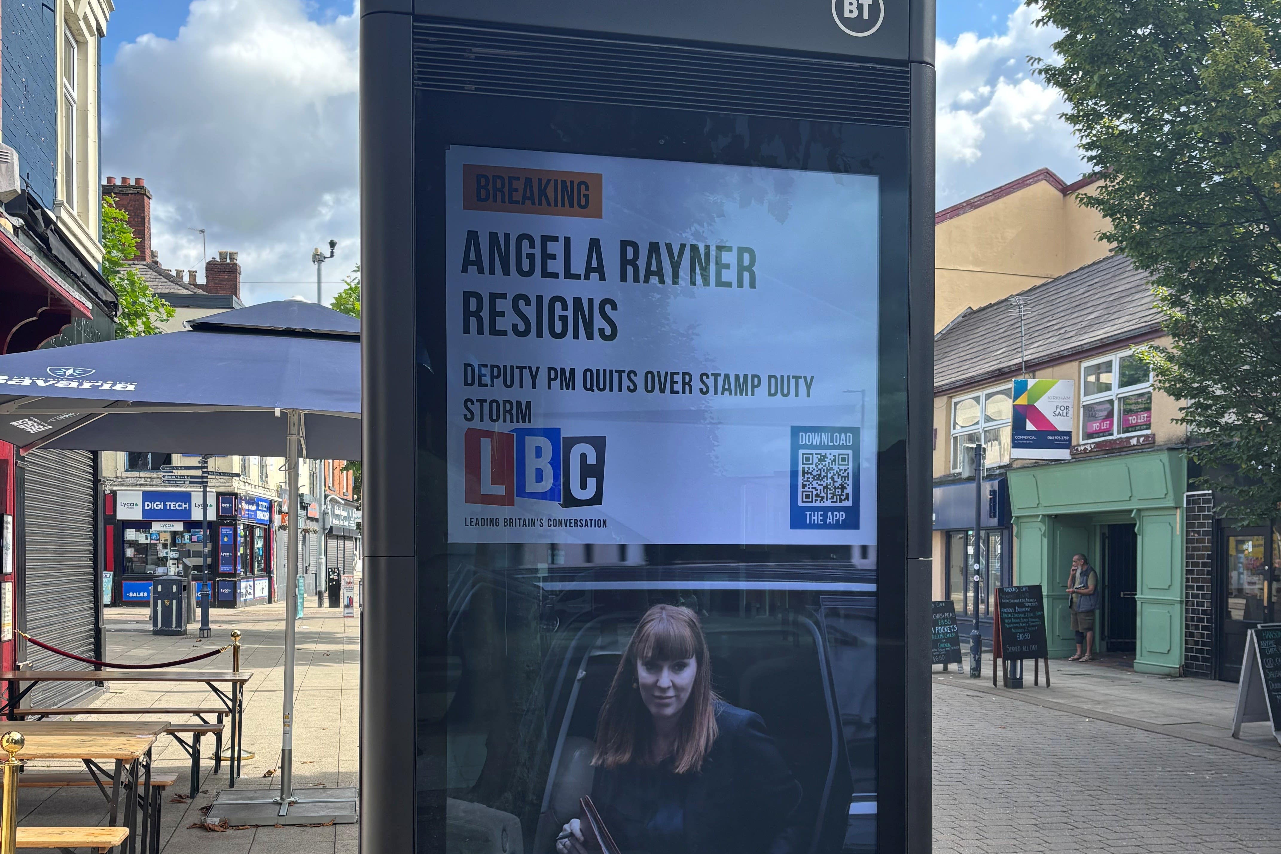 A digital billboard in the town centre of Ashton-under-Lyne, Angela Rayner’s constituency, on Friday