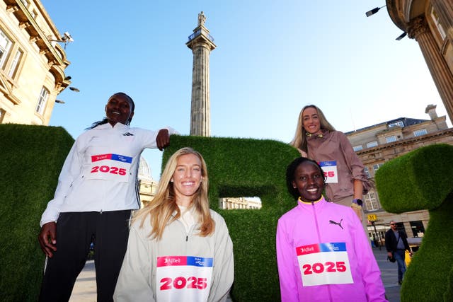 <p>Eilish McColgan (top right), Sheila Chepkirui (left), Vivian Cheruiyot (second right) and Emily Sisson during a photocall in Newcastle </p>