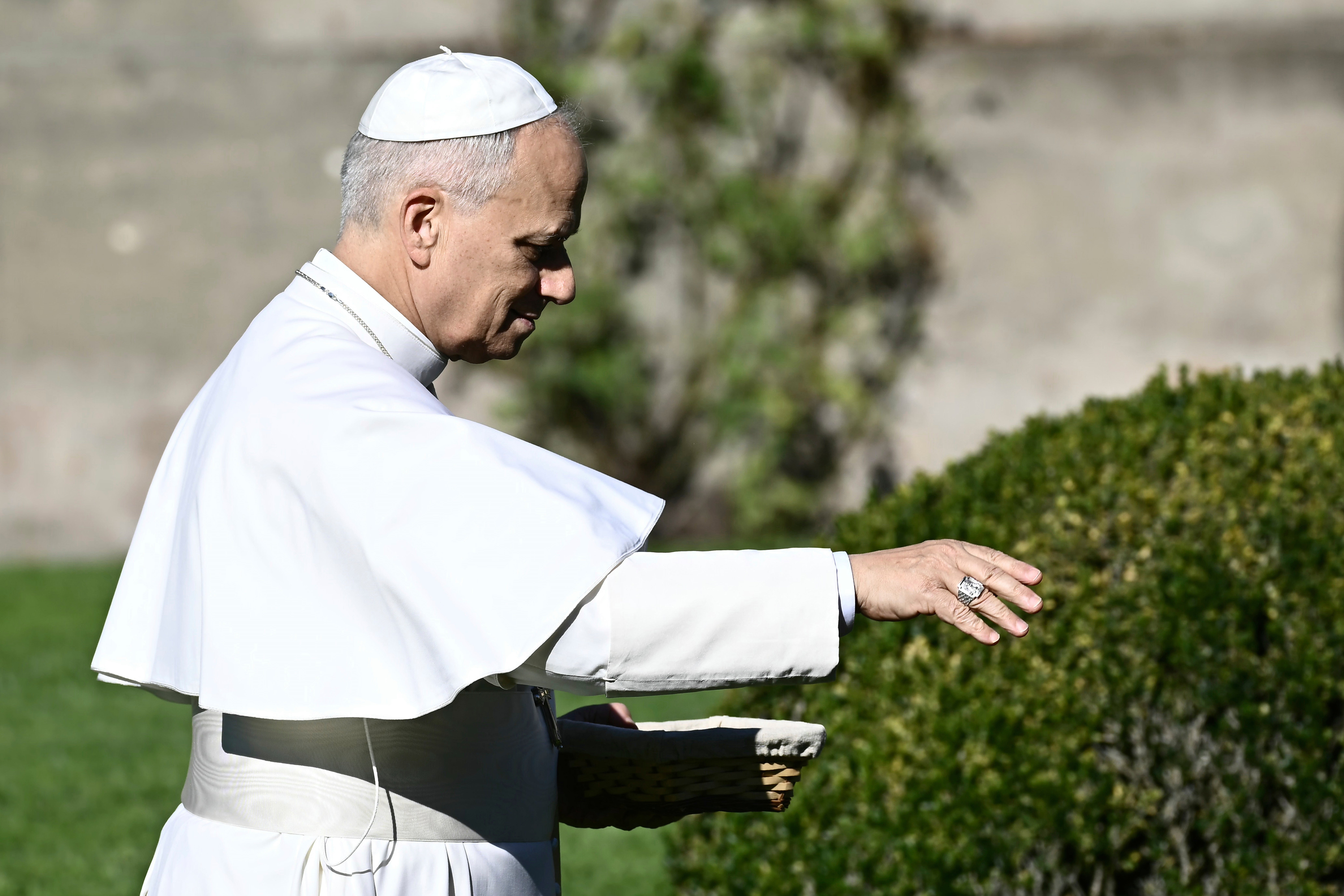 Pope Leo XIV feeds fishes in a pond during the inauguration of the "Borgo Laudato Si'" Advanced Training Center, at the papal summer residence in Castel Gandolfo, Italy