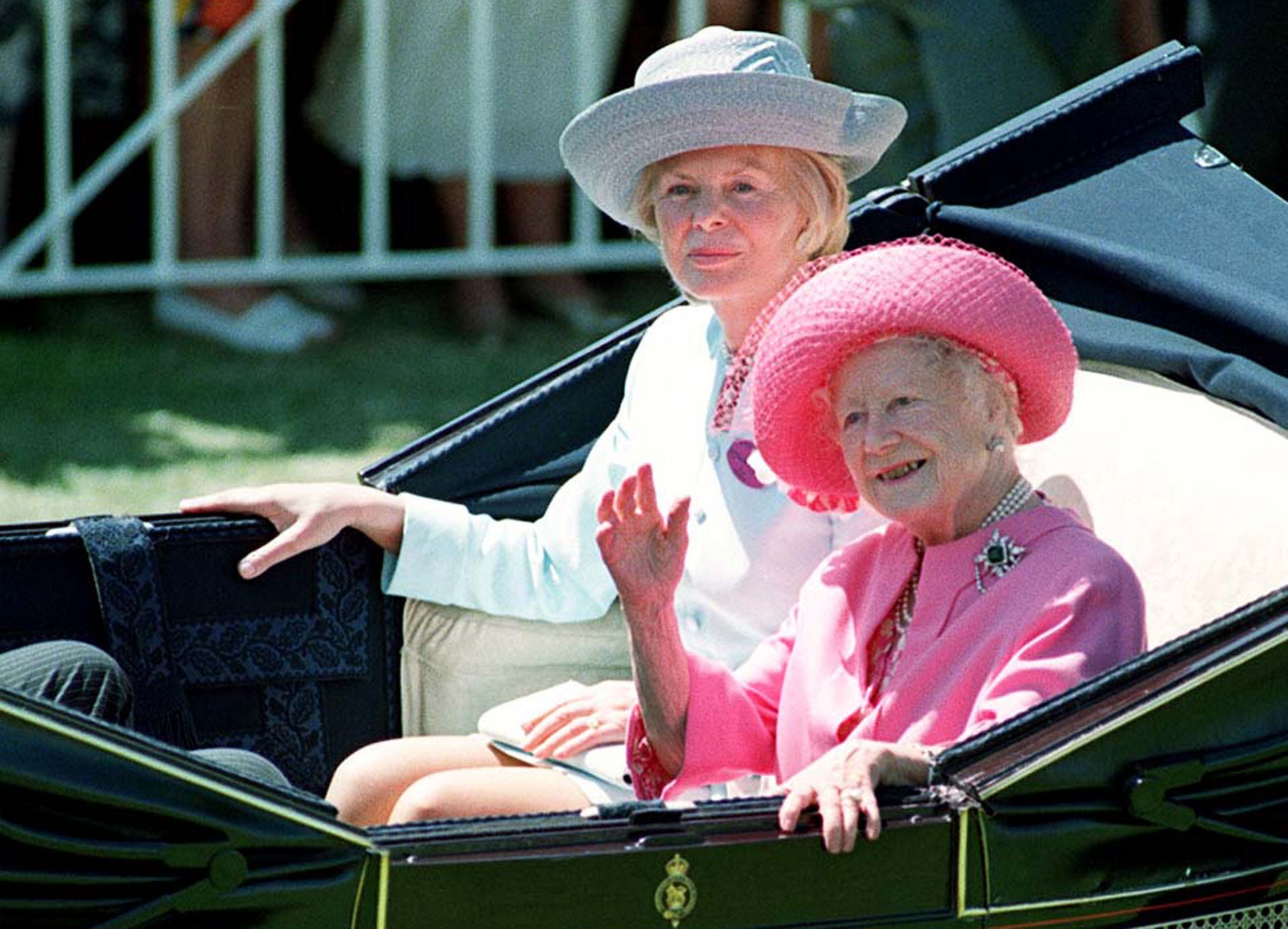 The Queen Mother, who was Elizabeth Bowes-Lyon on her birth certificate, with the Duchess of Kent at Royal Ascot in 1995
