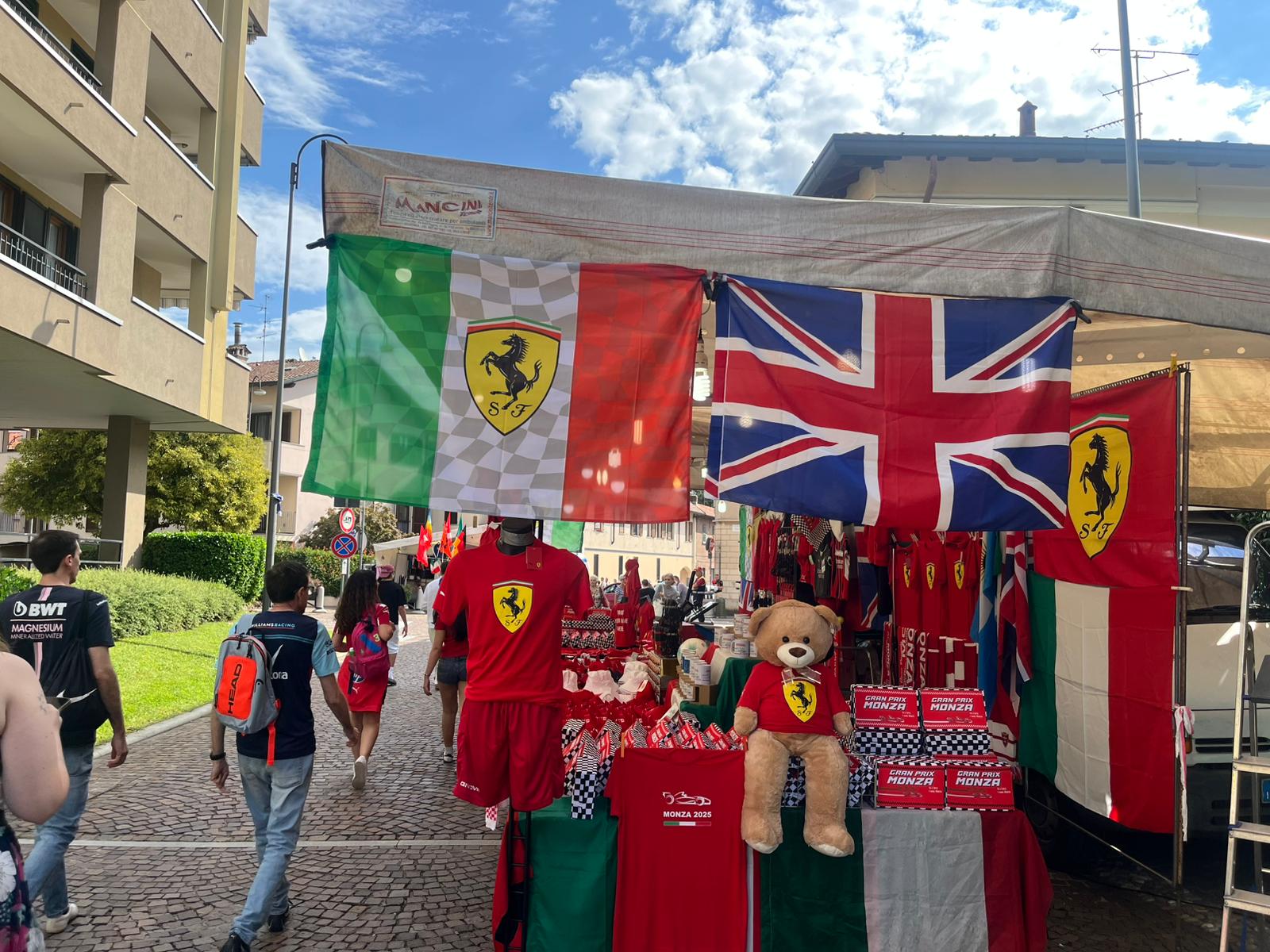 A British flag next to the Ferrari prancing horse logo