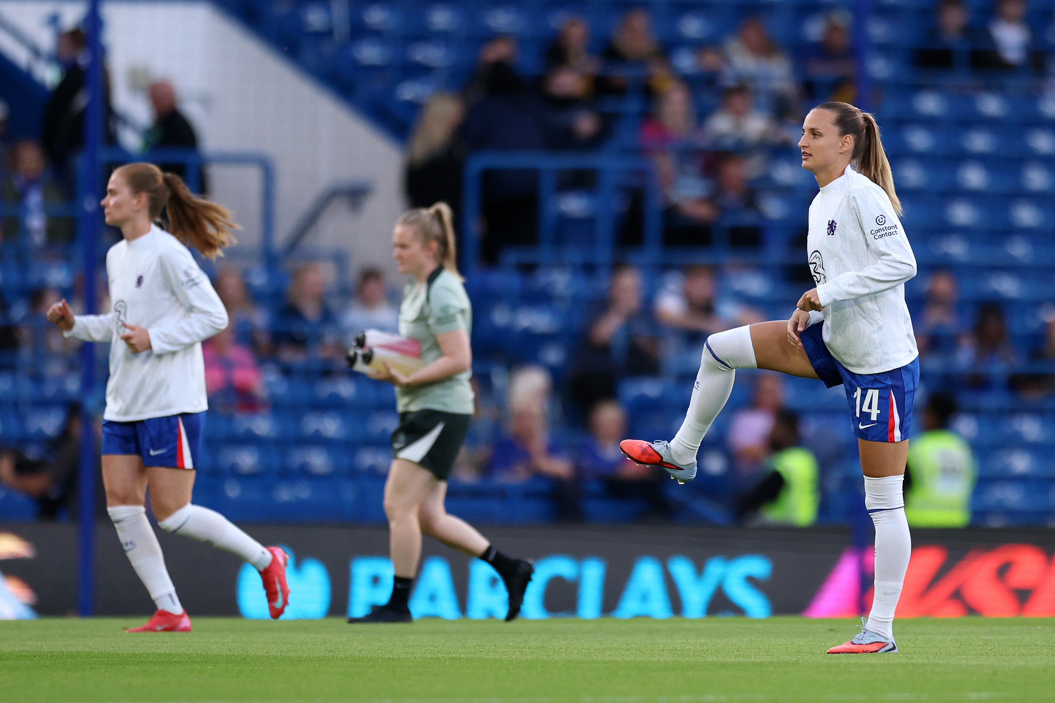 Nathalie Bjoern of Chelsea warms up prior to the Barclays Women's Super League match between Chelsea FC and Manchester City