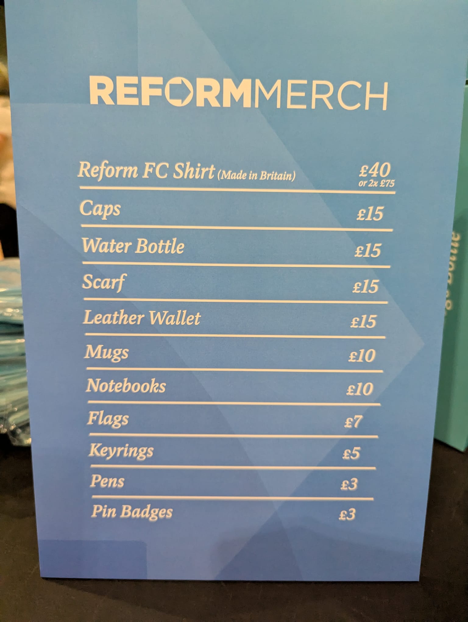 Reform merch menu