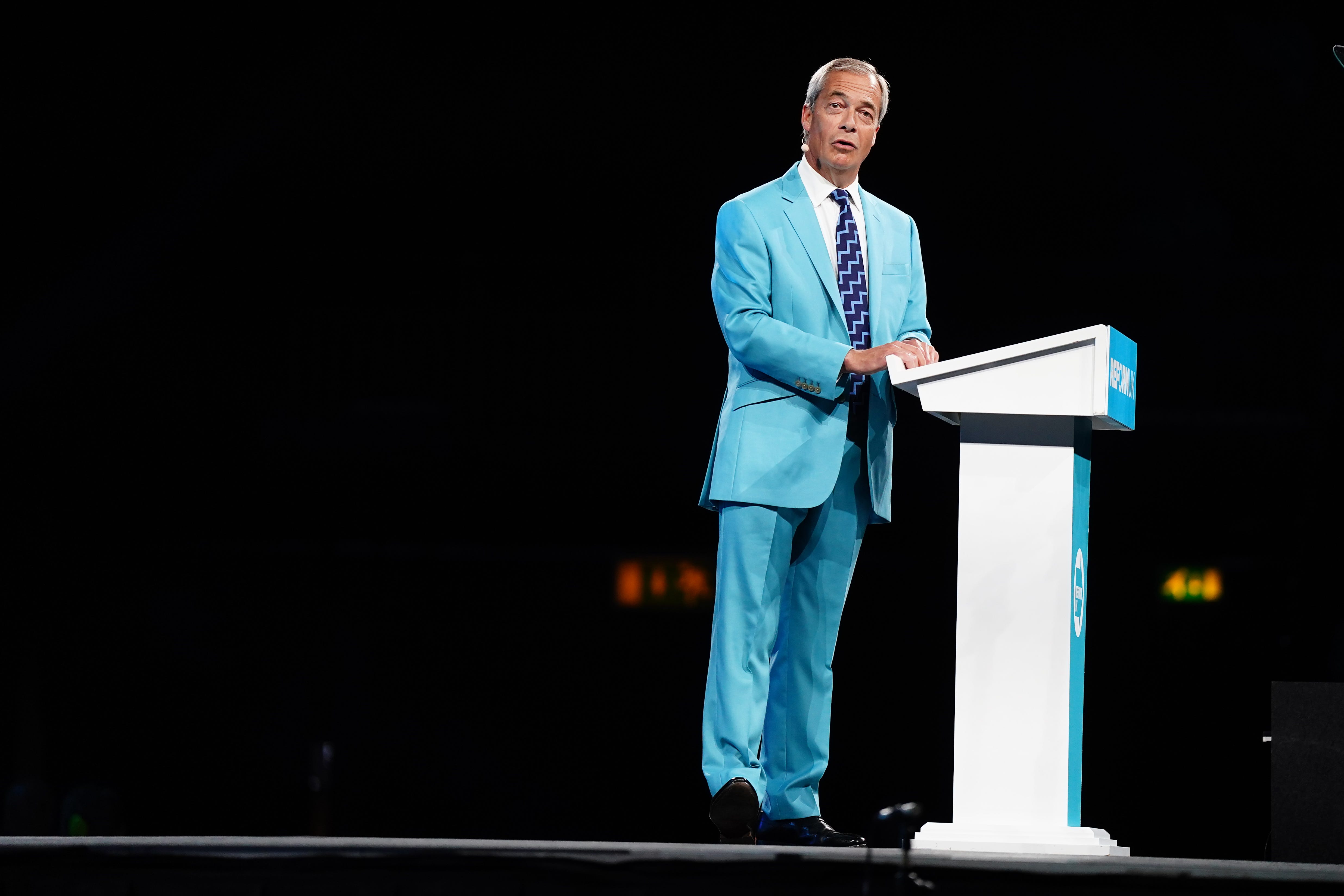 Reform UK leader Nigel Farage speaks during the party’s annual conference at the National Exhibition Centre in Birmingham. (PA/Jacob King)