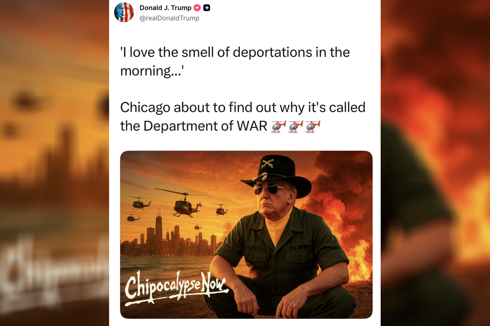 Trump shared the bizarre AI-generated image of himself dressed as a cowboy in front of a burning Chicago on Saturday.