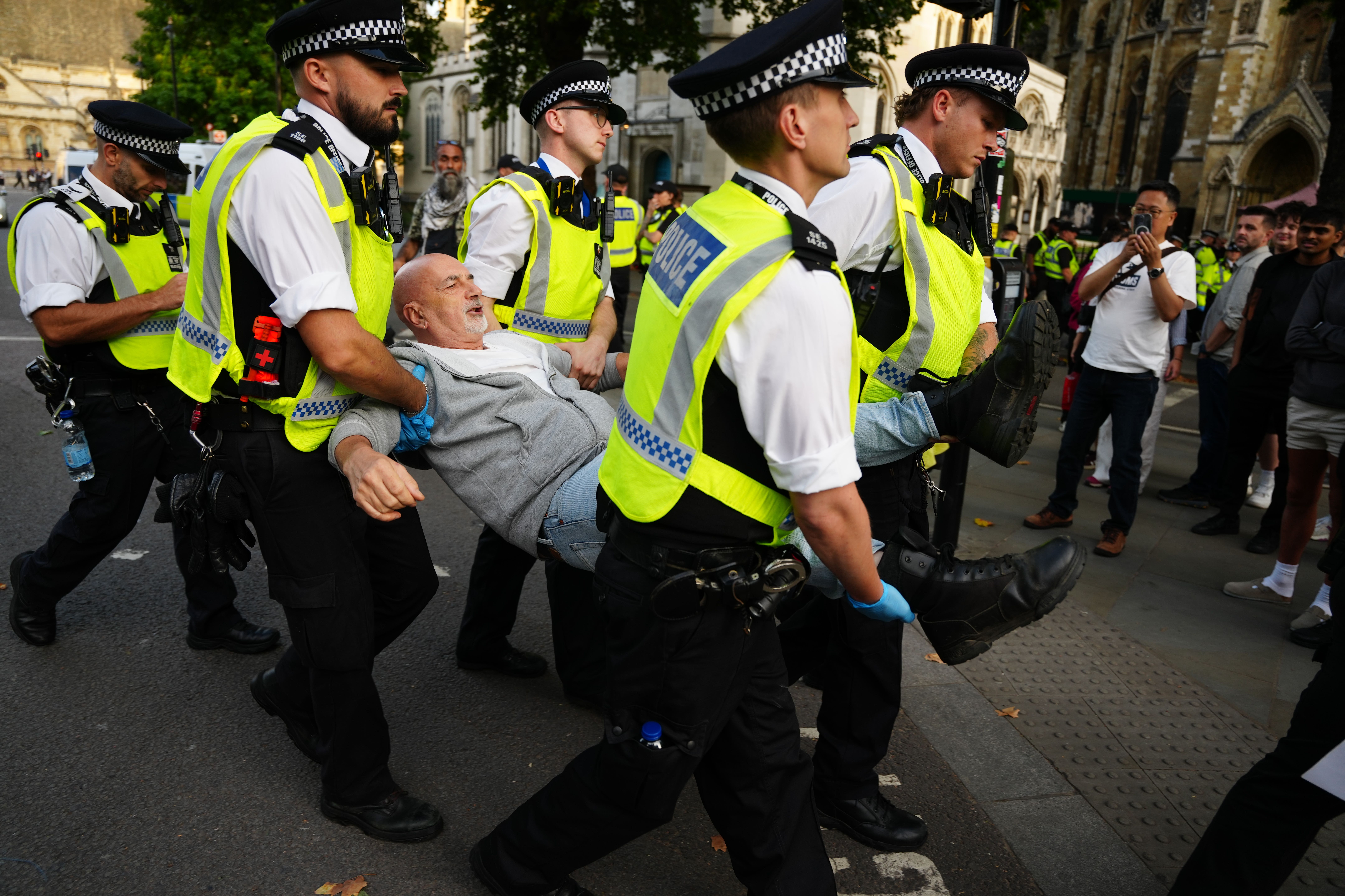 Police have condemned the ‘intolerable’ abuse they claim officers suffered at a protest in support of Palestine Action (Jeff Moore/PA)