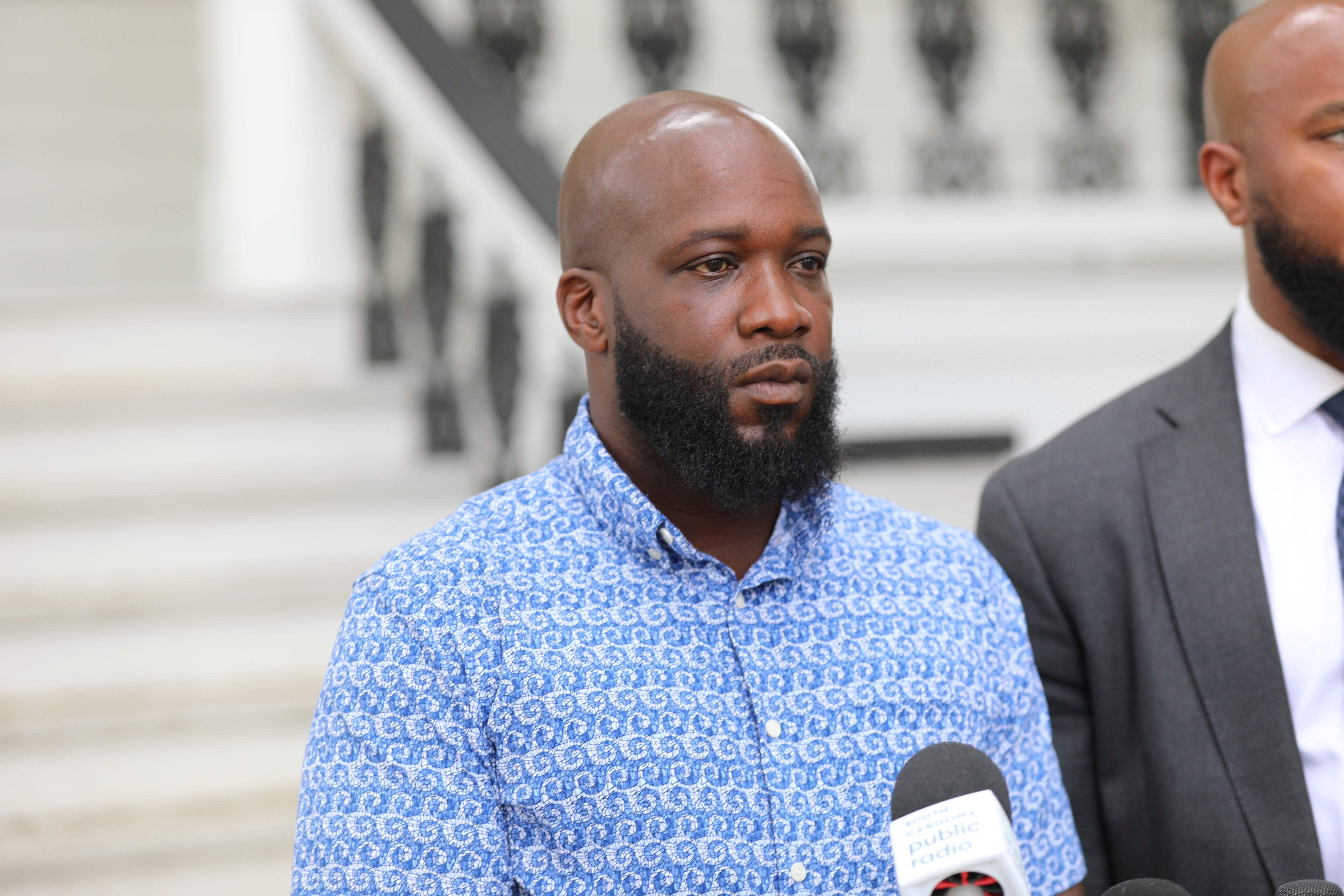 Jarvis McKenzie talks about how he was the victim of what police called a hate crime at a news conference on Thursday Aug. 21, 2025 in Columbia, S.C. (AP Photo/Jeffrey Collins)