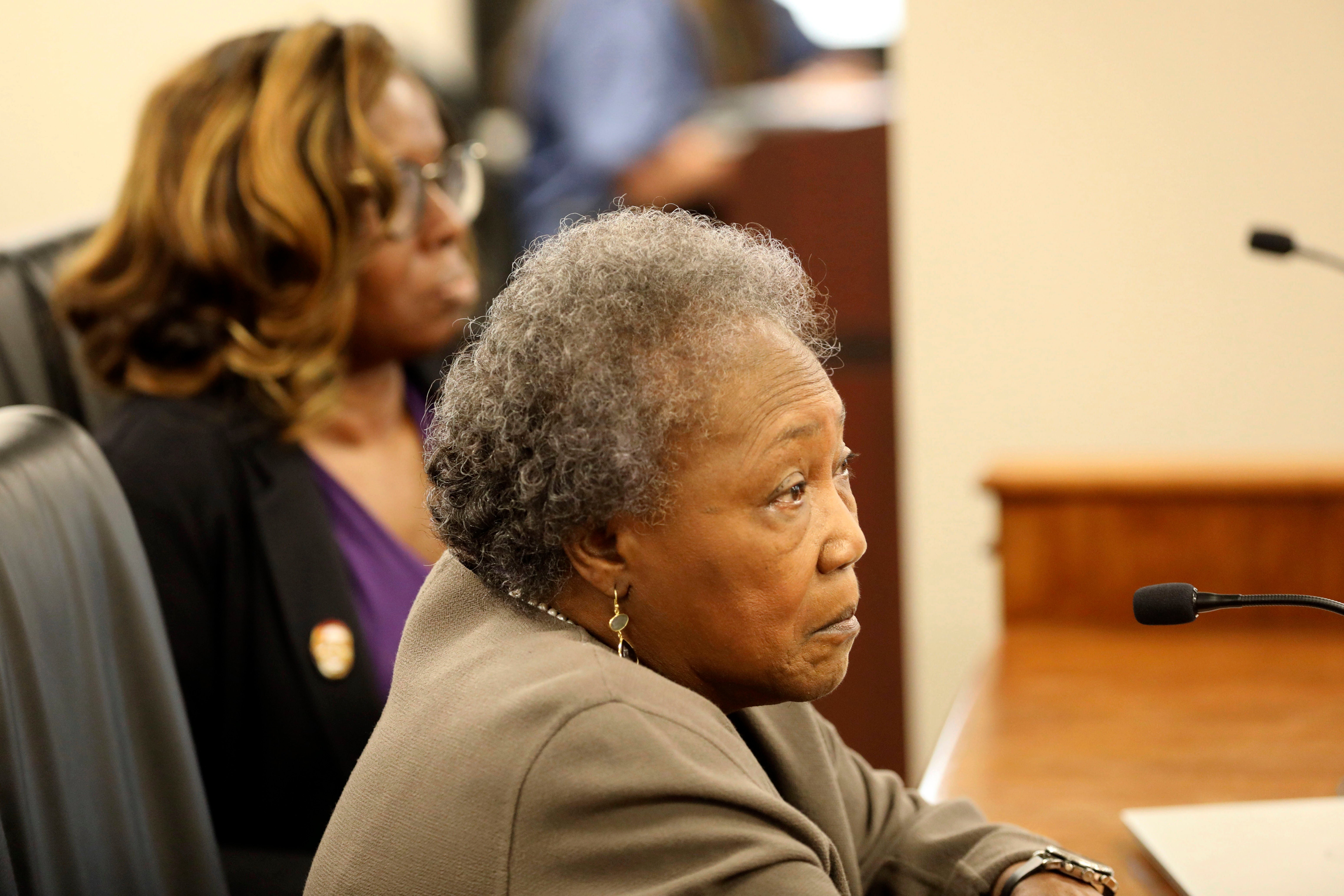 Emanuel AME shooting survivors Felicia Sanders, rear, and Polly Sheppard, front, speak during a South Carolina Senate subcommittee hearing on a hate crimes bill, Tuesday, March 28, 2023, in Columbia, S.C. (AP Photo/Jeffrey Collins, File)