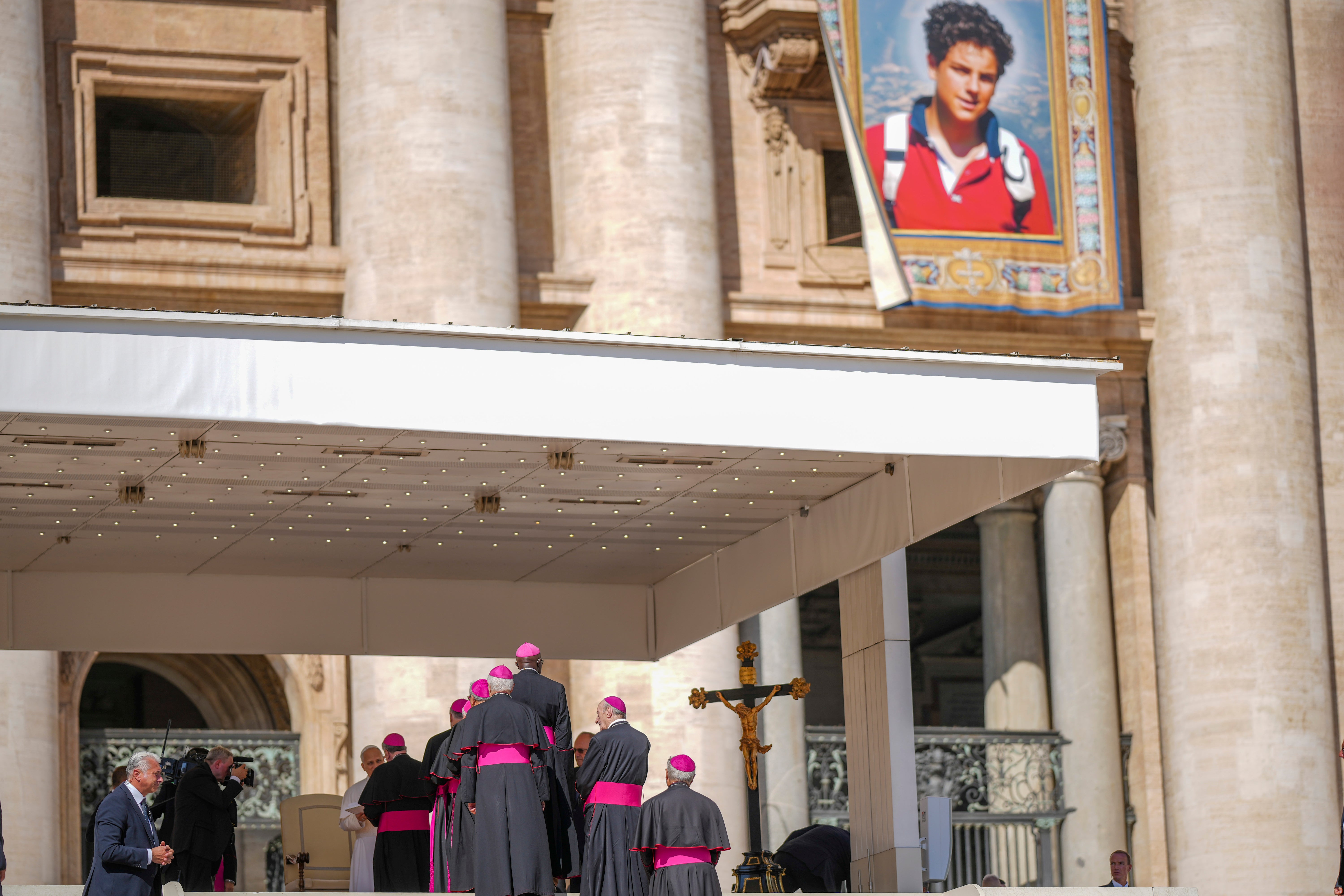 A photo of Carlo Acutis is displayed in St Peter’s Square