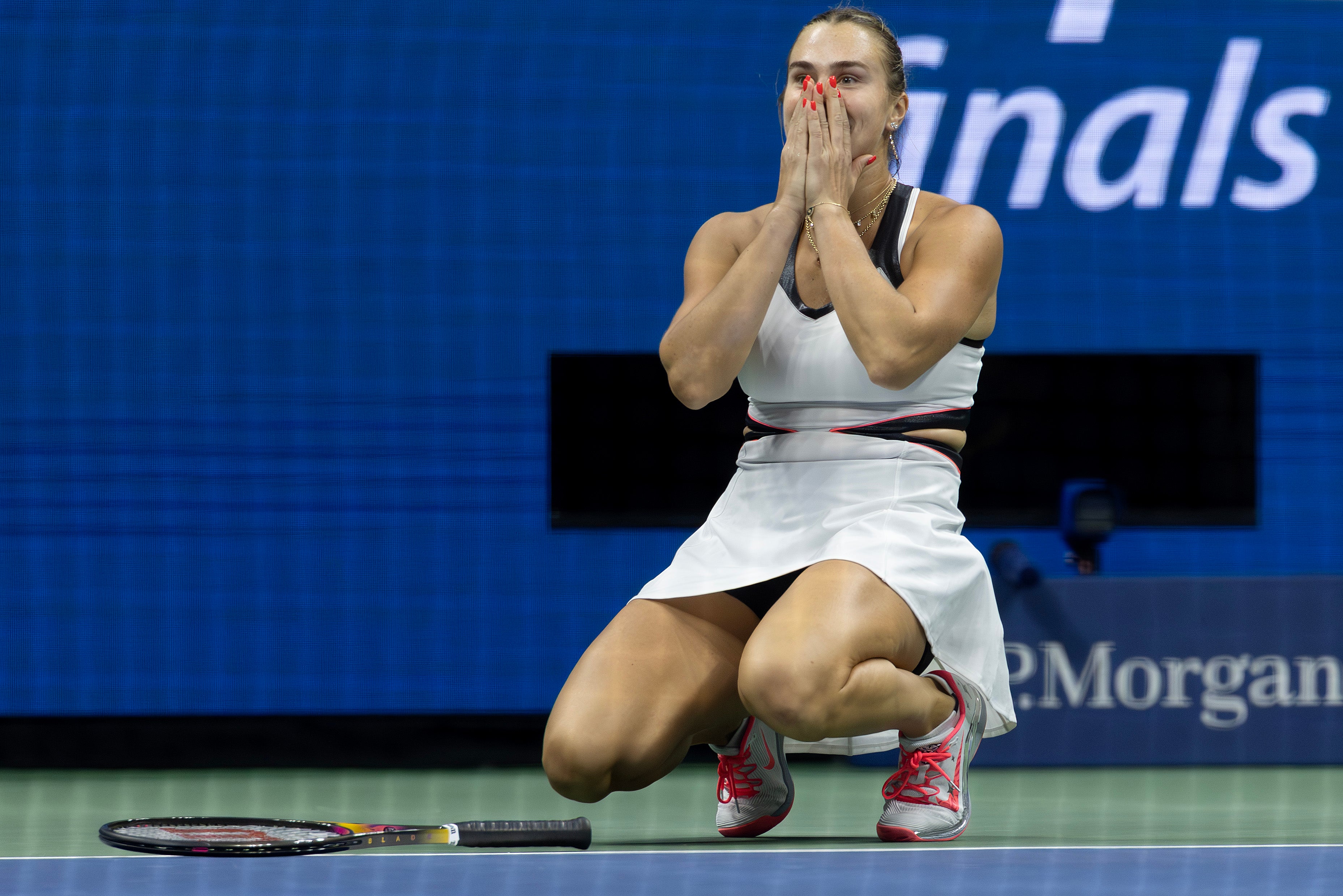 Sabalenka reaguje na bodě zápasu