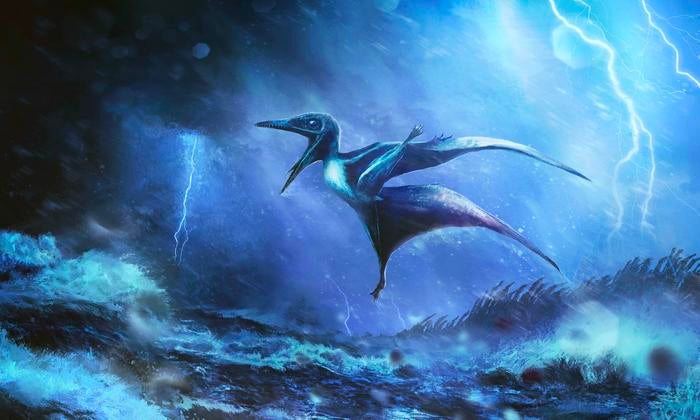 Artist’s impression of a tiny Pterodactylus hatchling struggling against a raging tropical storm, inspired by fossil discoveries
