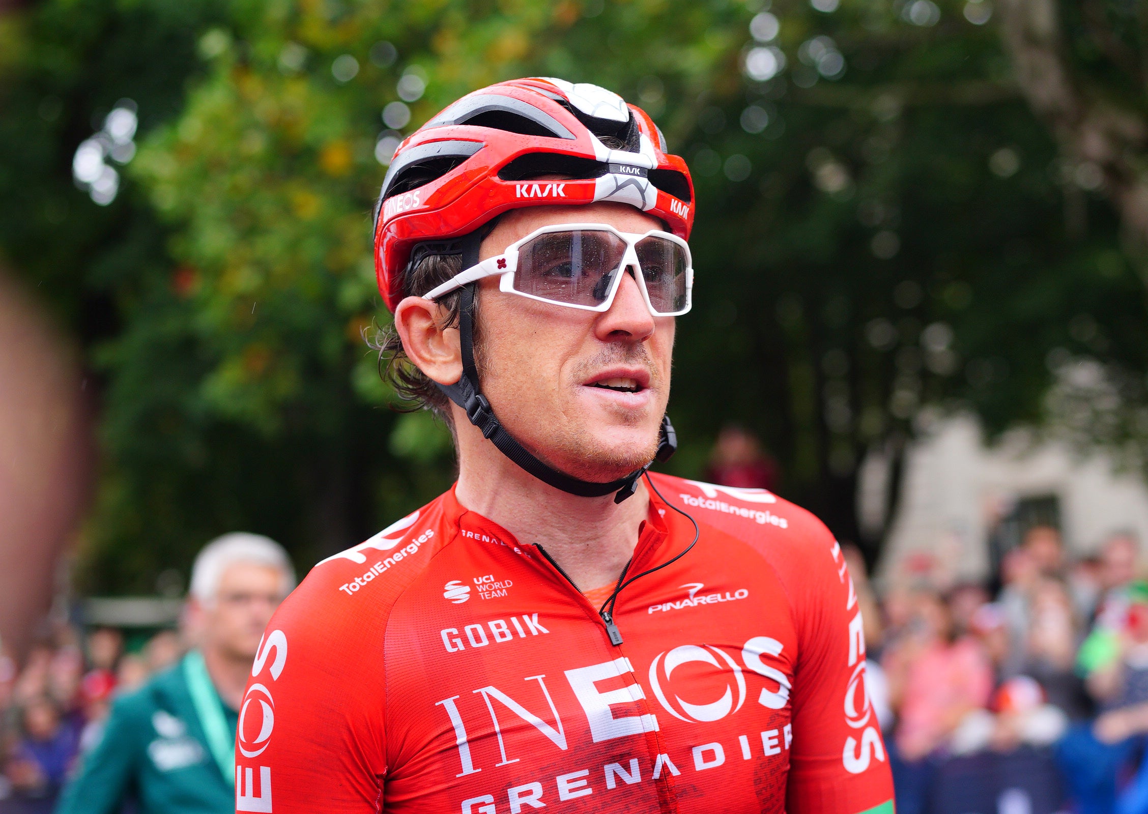 <p>Ineos Grenadiers' Geraint Thomas after the final race of his professional career</p>