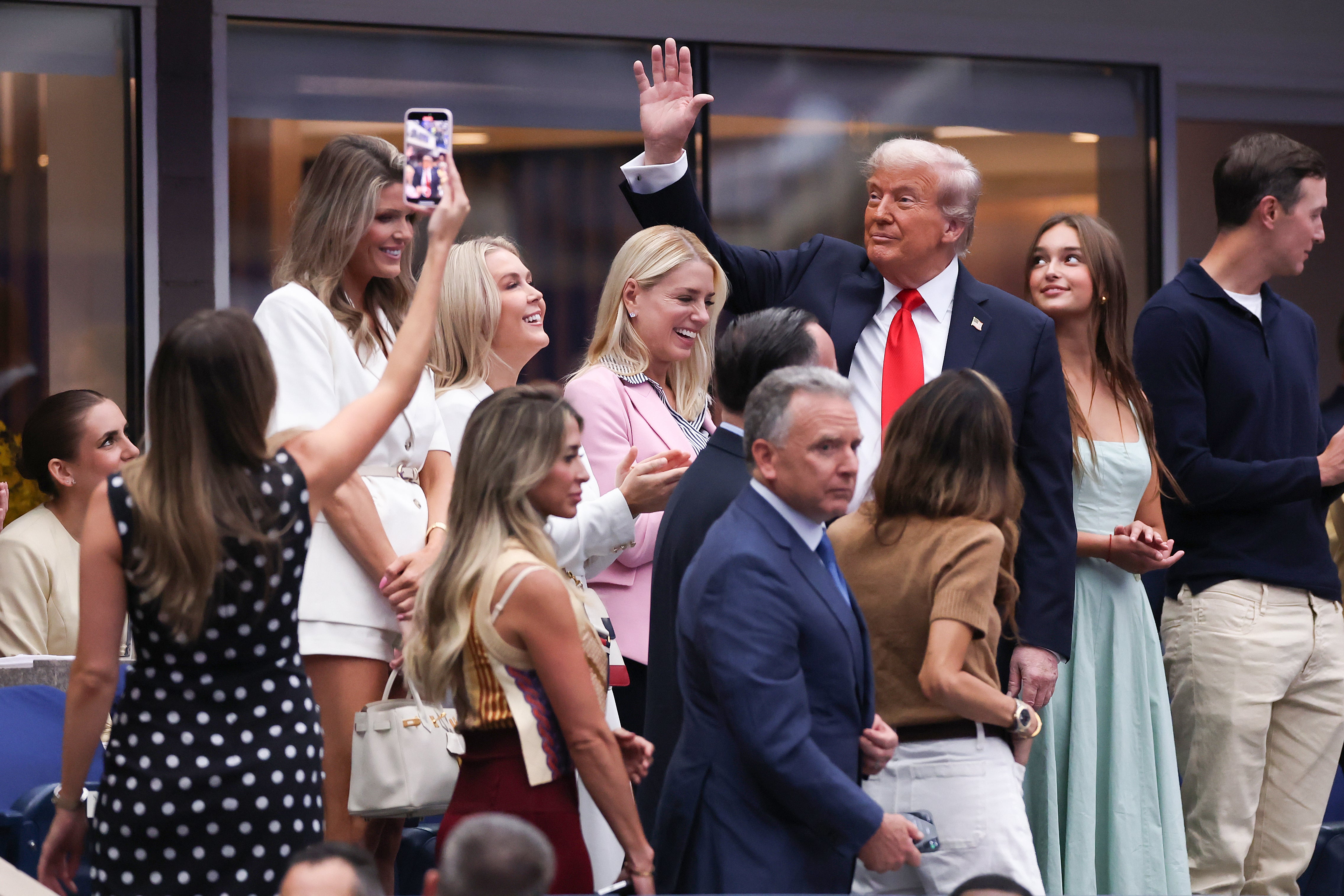 (L-R) White House Press Secretary Karoline Leavitt, US Attorney General Pam Bondi, President Donald Trump, Trump's granddaughter Arabella Kushner, and Former Senior Advisor to the President Jared Kushner