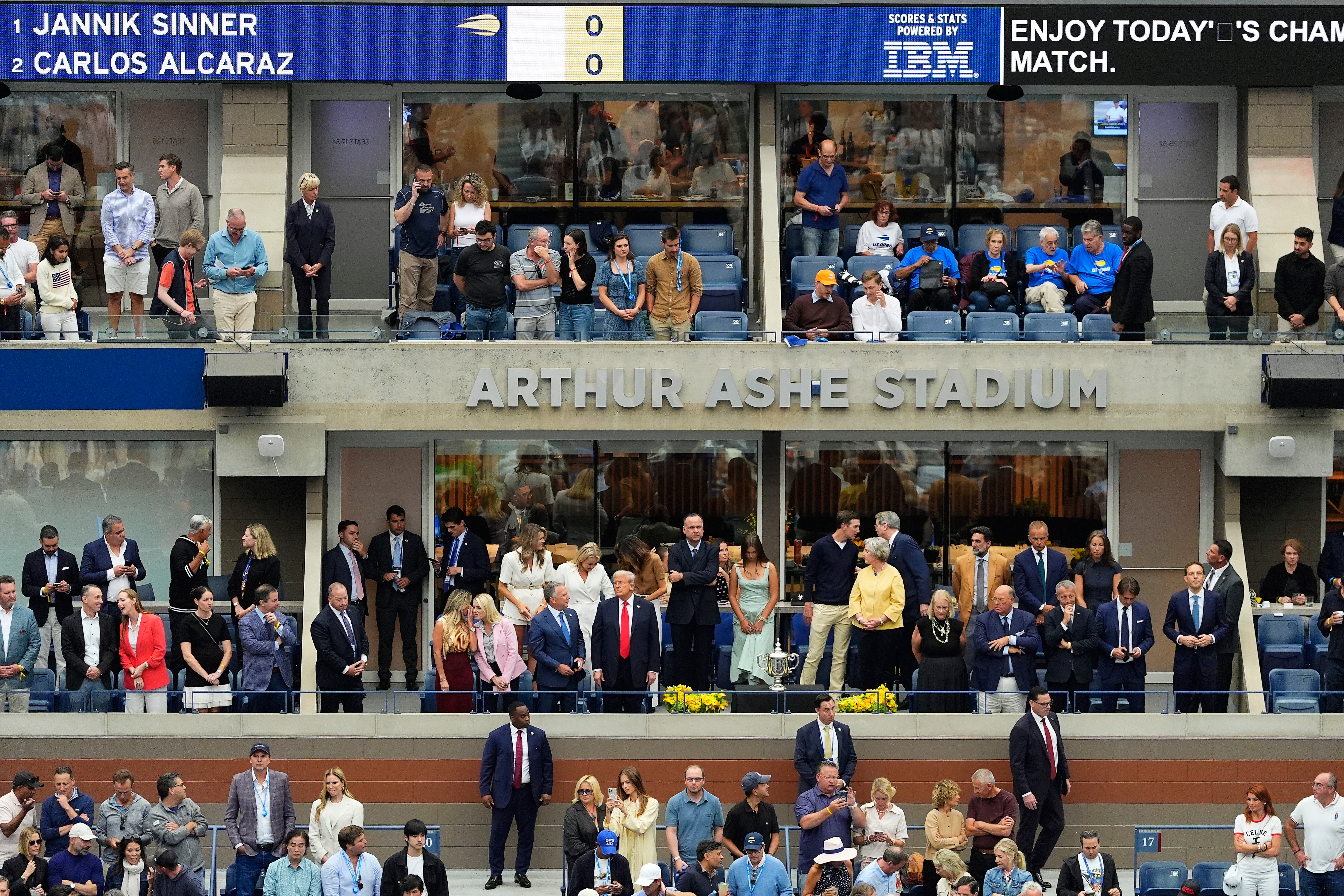President Trump talks with Steve Witkoff before the start of the men's singles final of the U.S. Open
