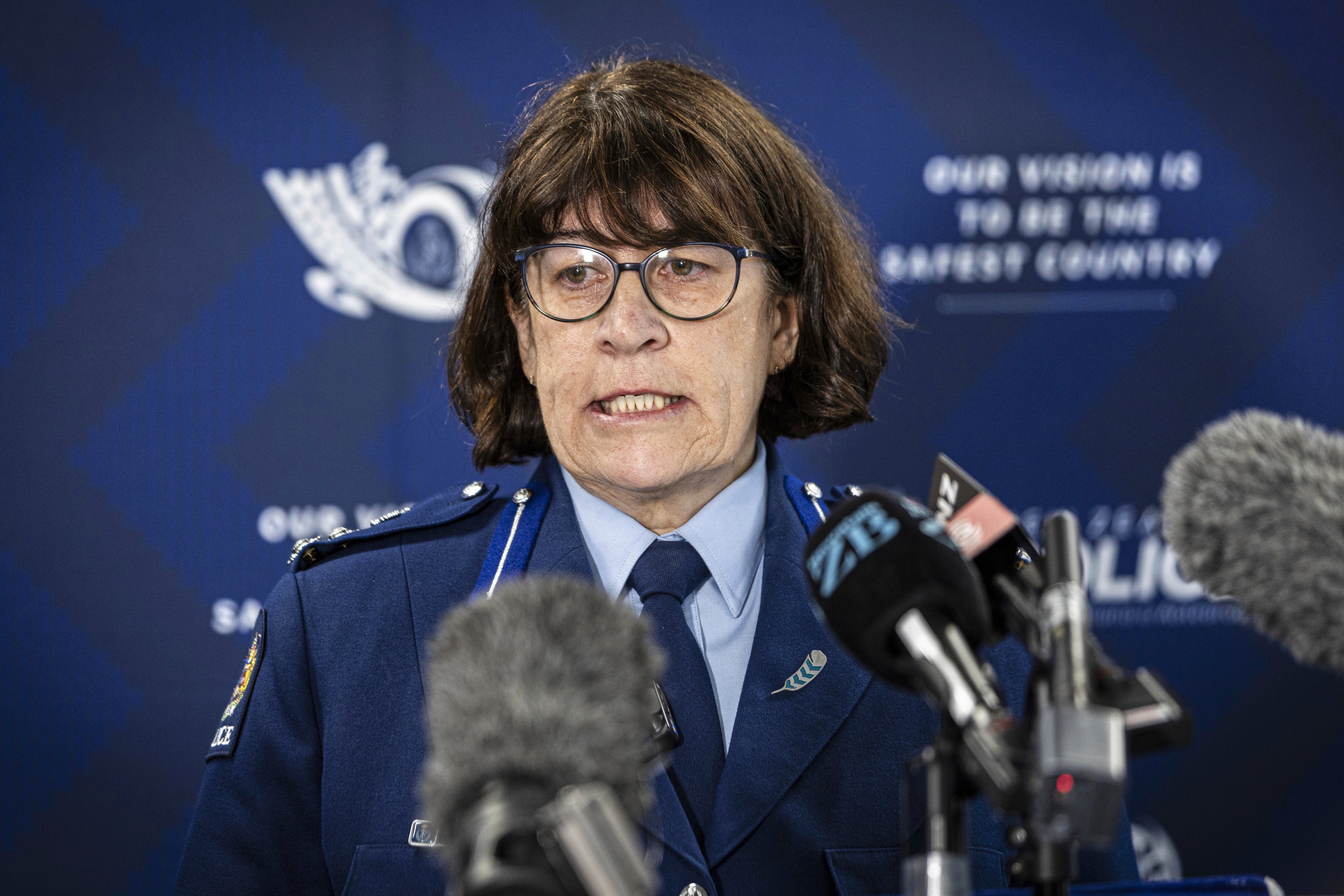 New Zealand Deputy Police Commissioner Jill Rogers addresses a press conference at the Hamilton station, New Zealand, Monday, Sept. 8, 2025. (Christel Yardley/Waikato Times via AP)