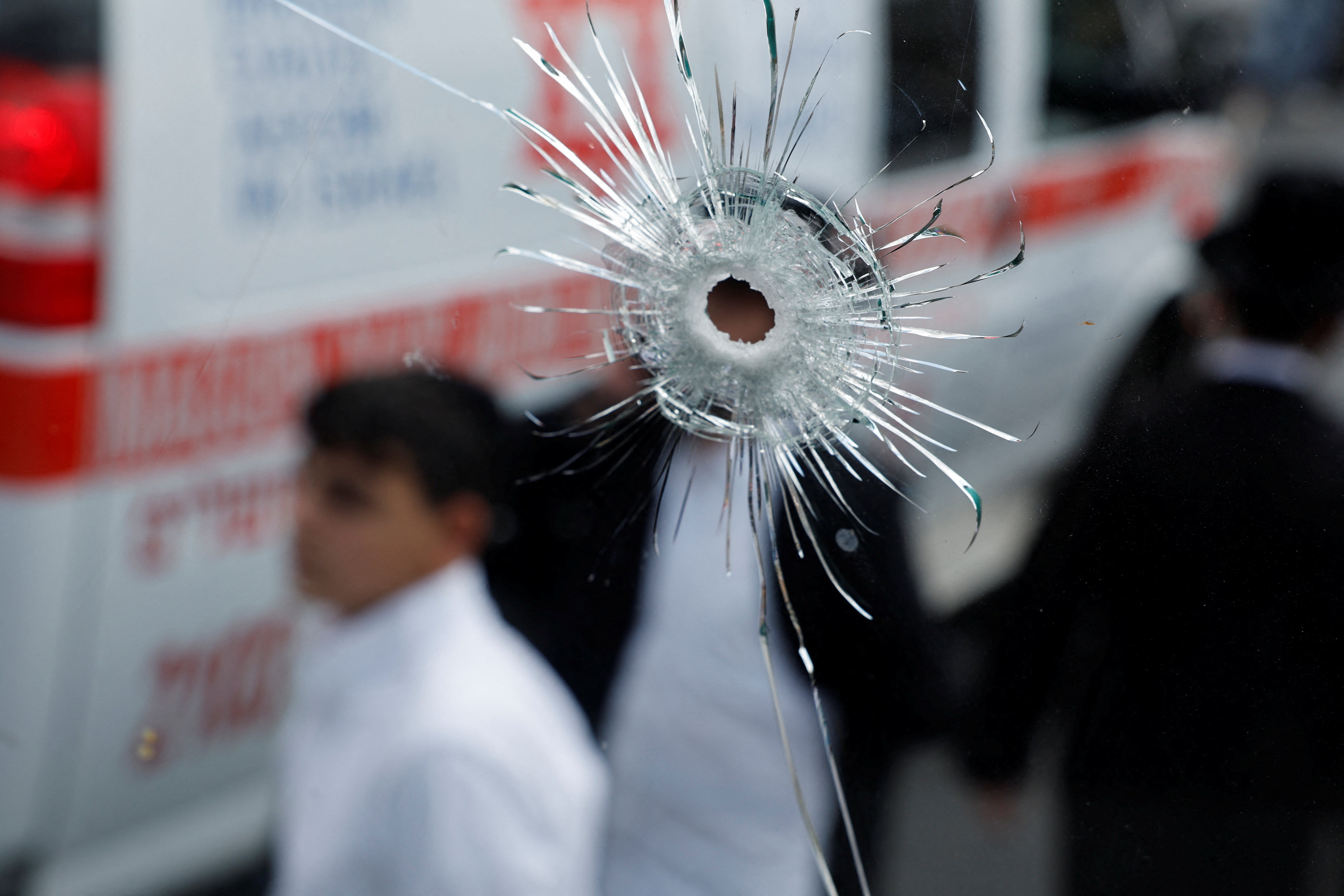 Bullet holes seen in a bus where the shooting attack took place