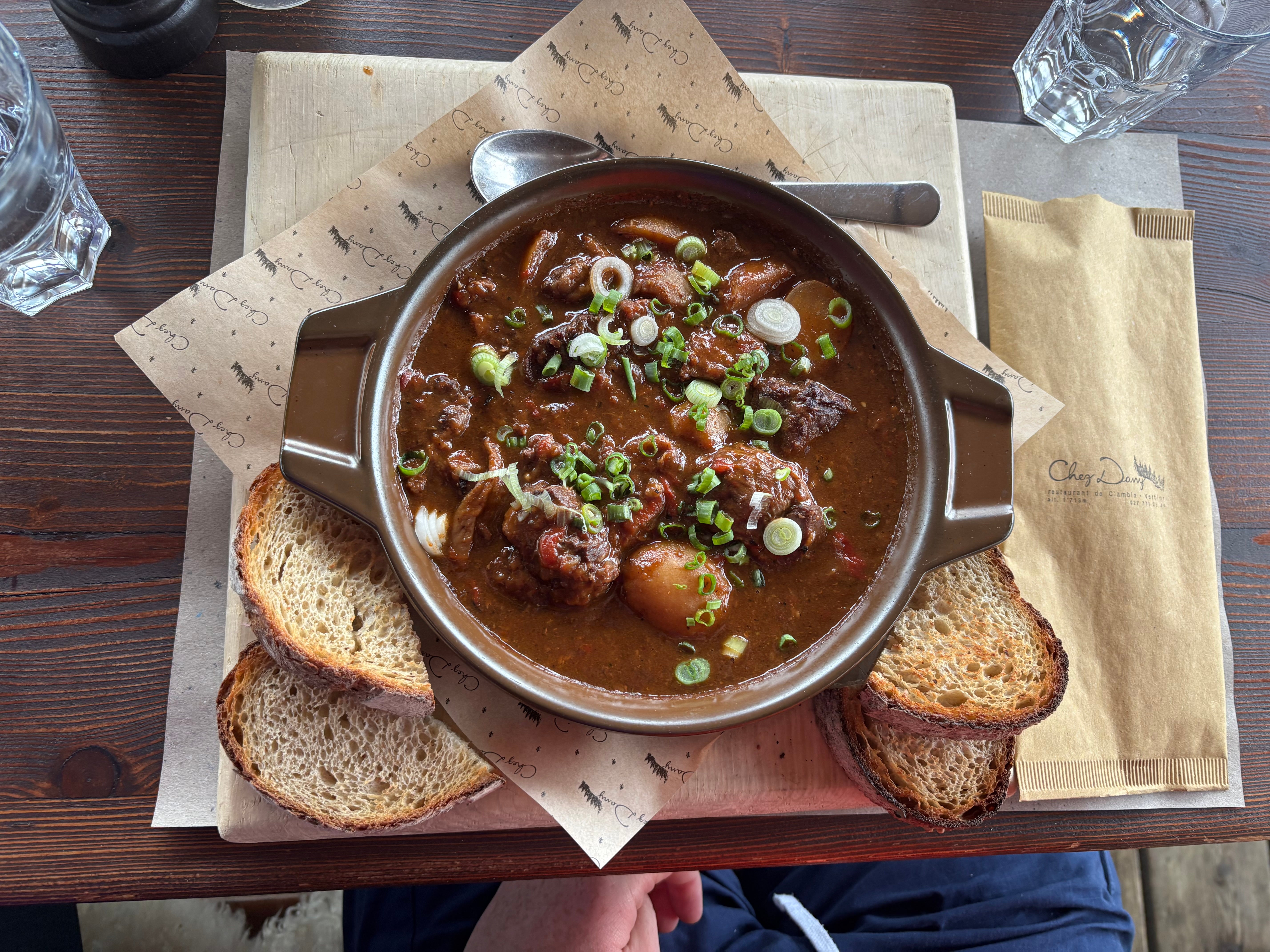 A plate of goulash at Chez Dany during an ebike gourmet tour in Verbier