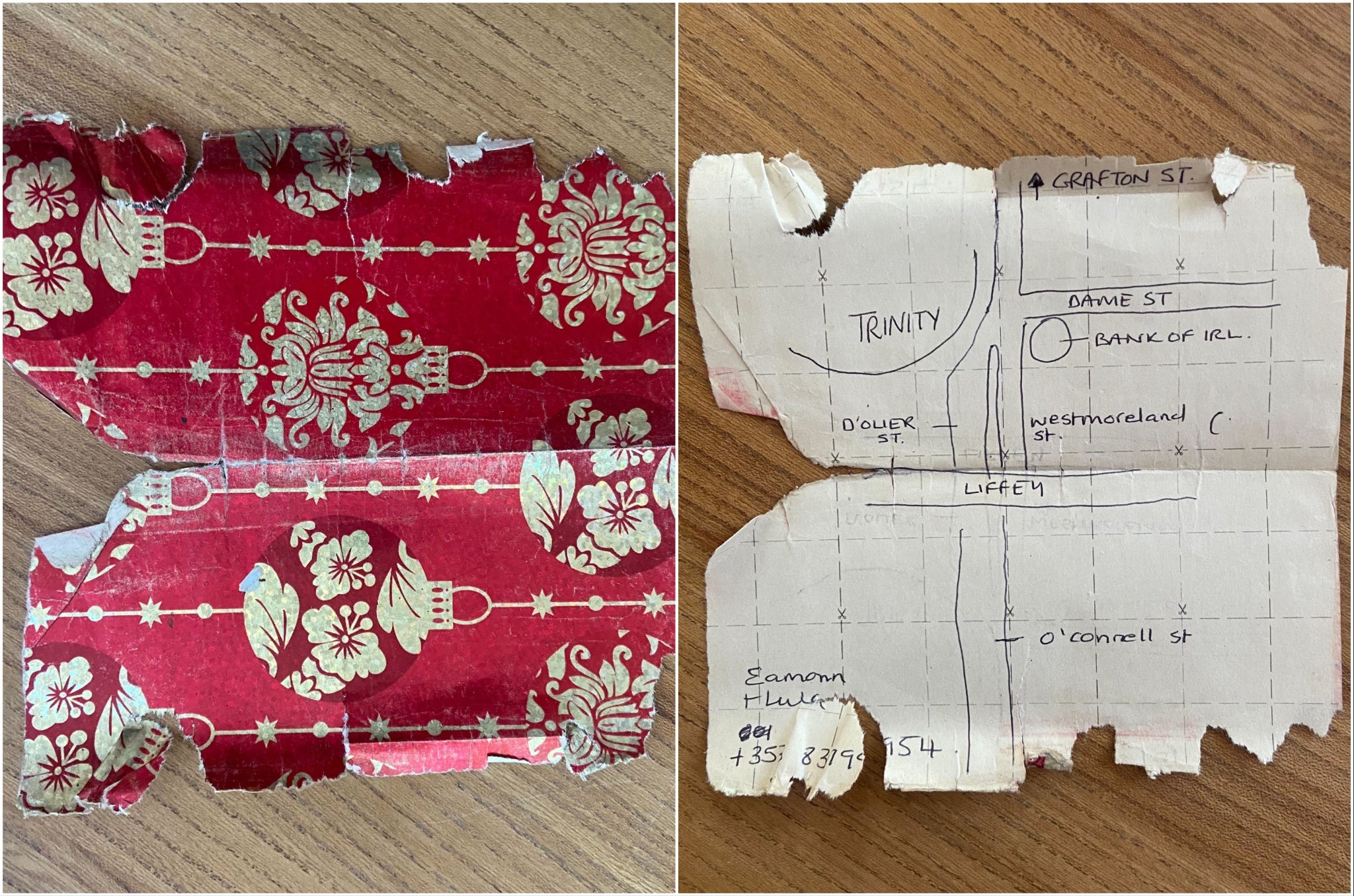 A curious remnant of Ellie Harrison’s wallet: a hand-drawn map of Dublin on Christmas wrapping paper