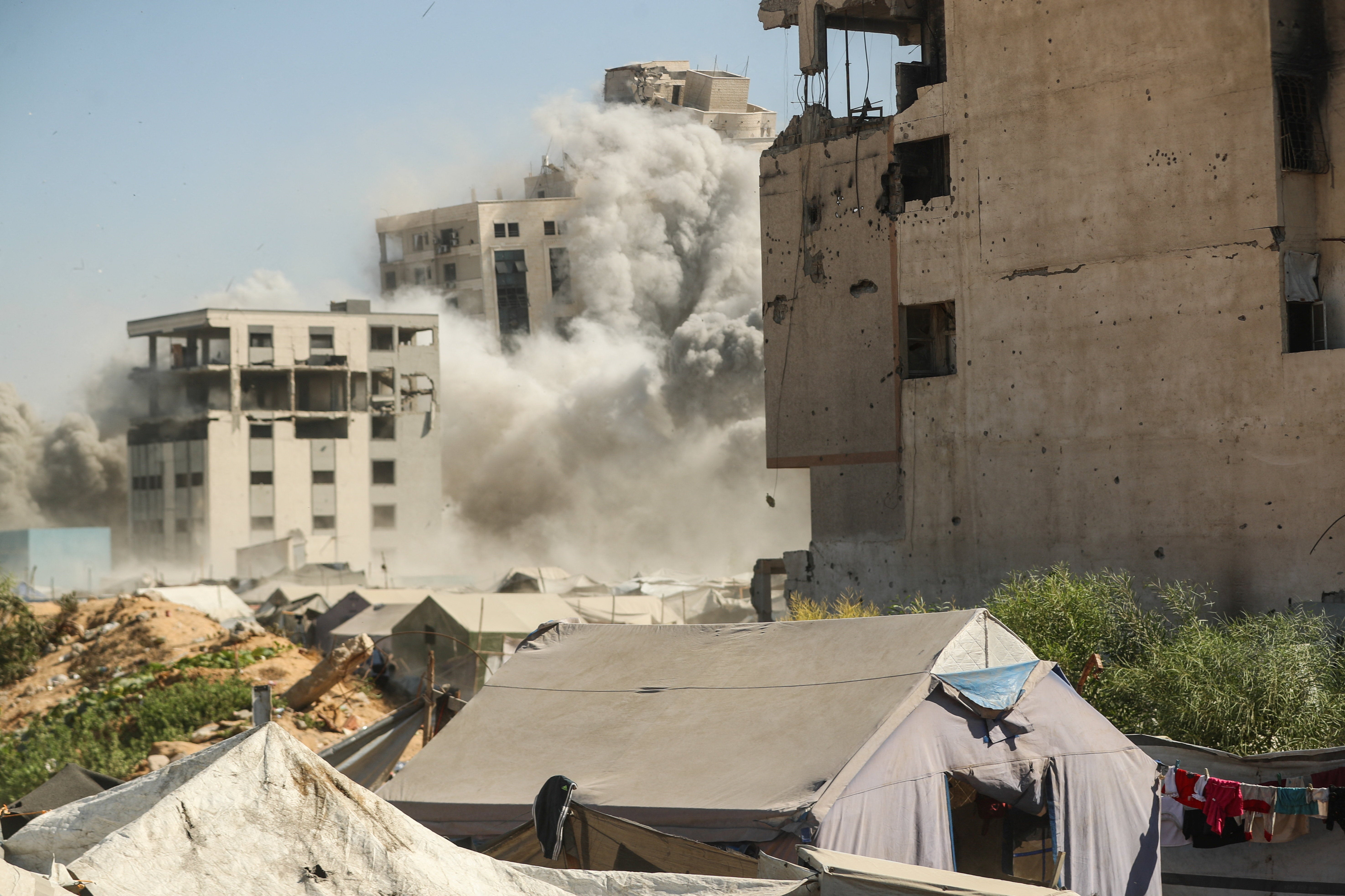 The Israel Defense Forces (IDF) bombed a 12-floor block in the middle of Gaza City where dozens of displaced families had been housed