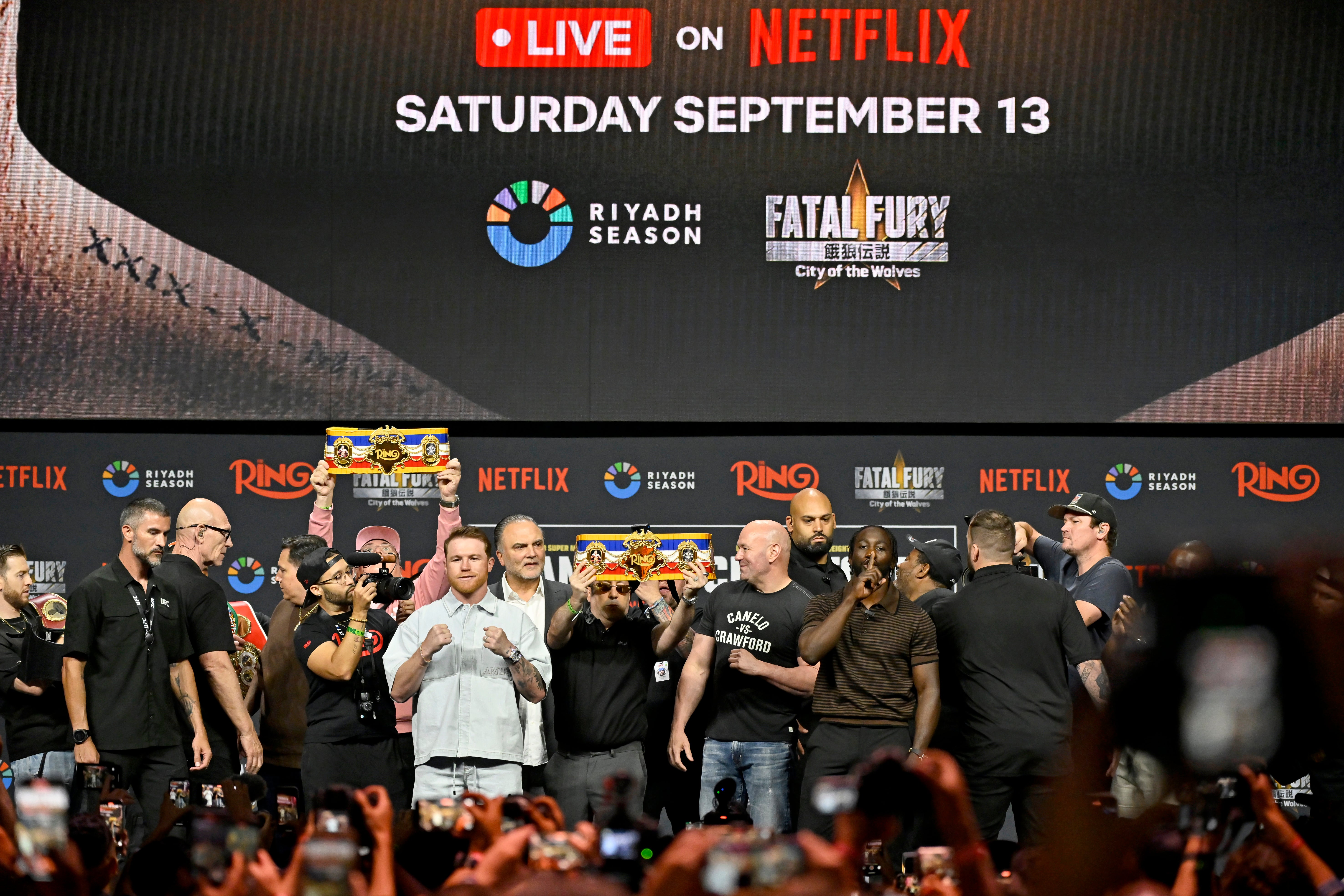 Canelo Alvarez (left front) and Terence Crawford (right front) will clash in Las Vegas