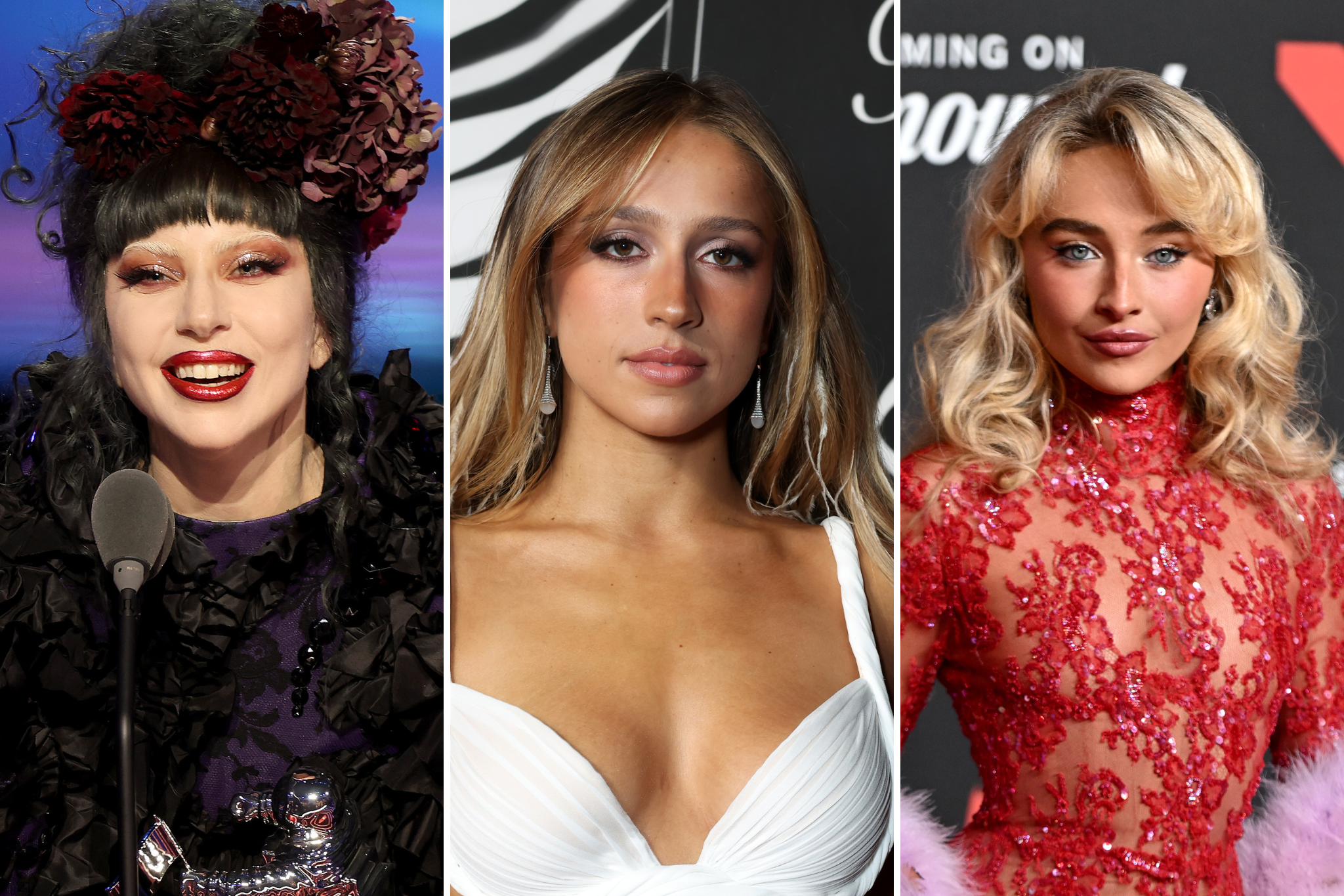 (LR) Lady Gaga, Tate McRae en Sabrina Carpenter behoorden tot de winnaars op de MTV van 2025 MTV