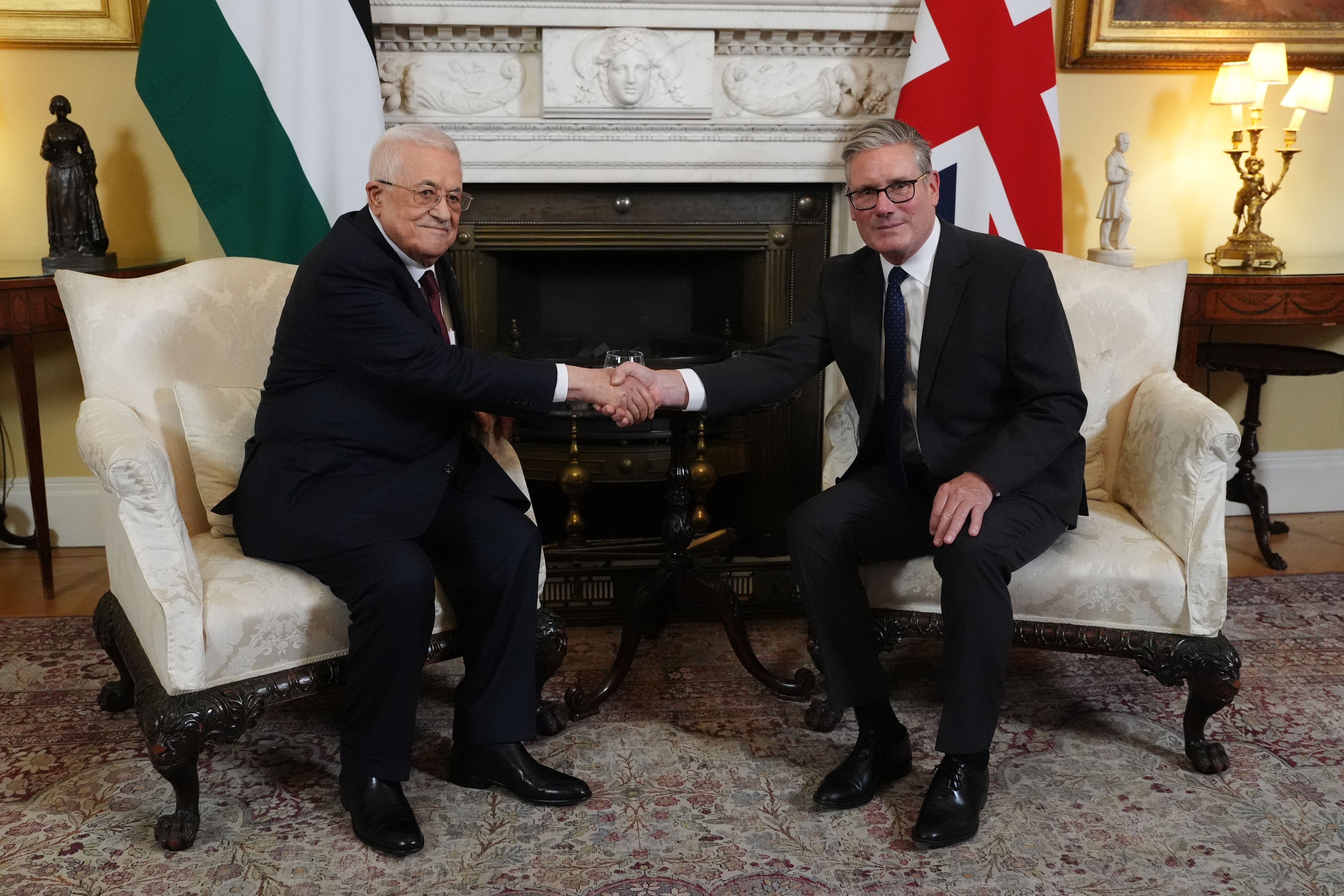 Prime Minister Sir Keir Starmer (right) with President of the Palestinian Authority Mahmoud Abbas ahead of a meeting in Downing Street, London (Jonathan Brady/PA)