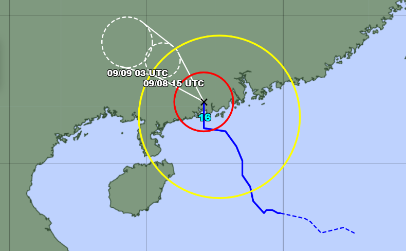 Map shows path of tropical storm Tapah passing close to Hong Kong and entering China