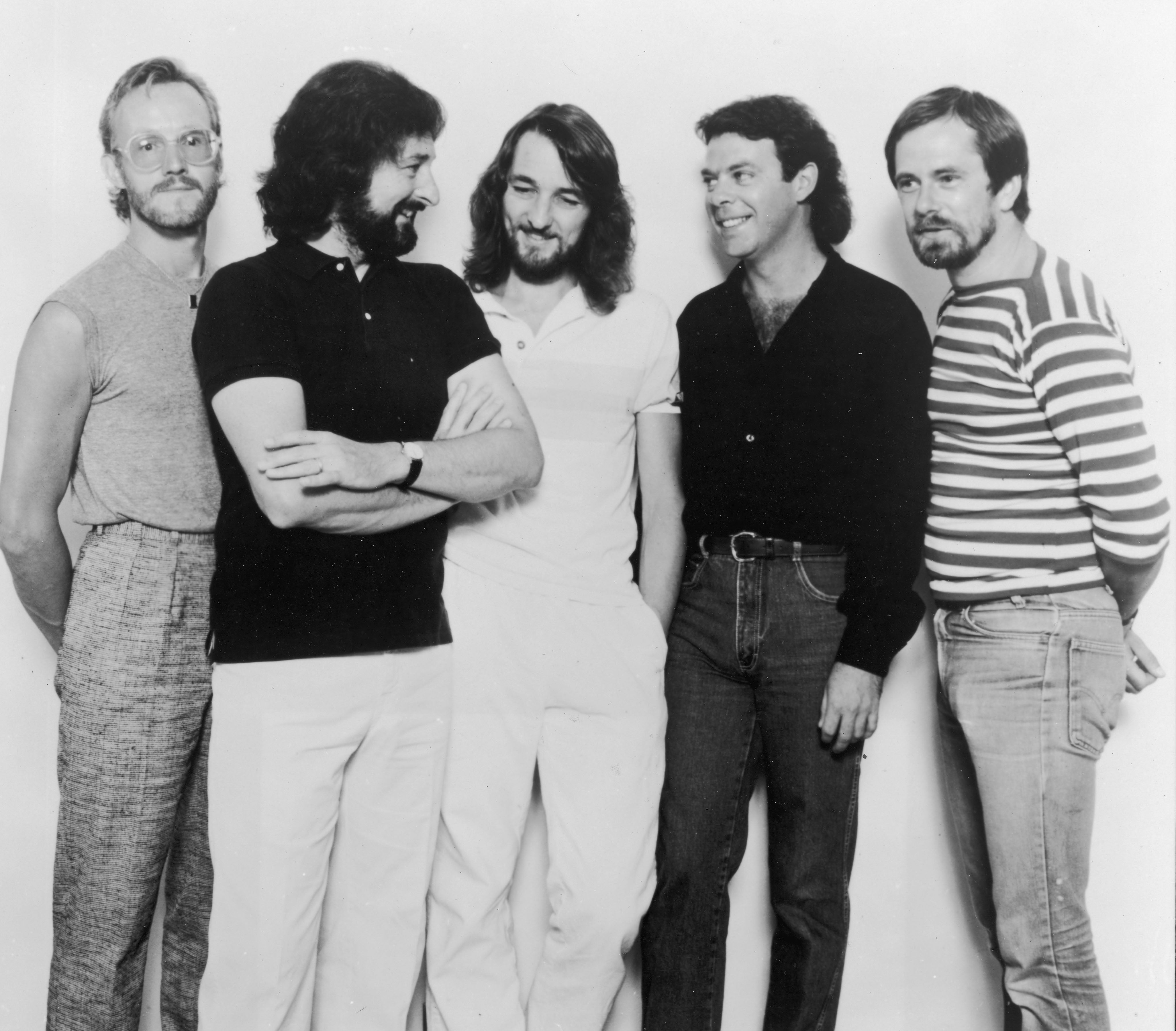 Promotional portrait of the rock band Supertramp, circa 1981. L-R: John Helliwell, Rick Davies, Roger Hodgson, Bob Siebenberg and Dougie Thomson