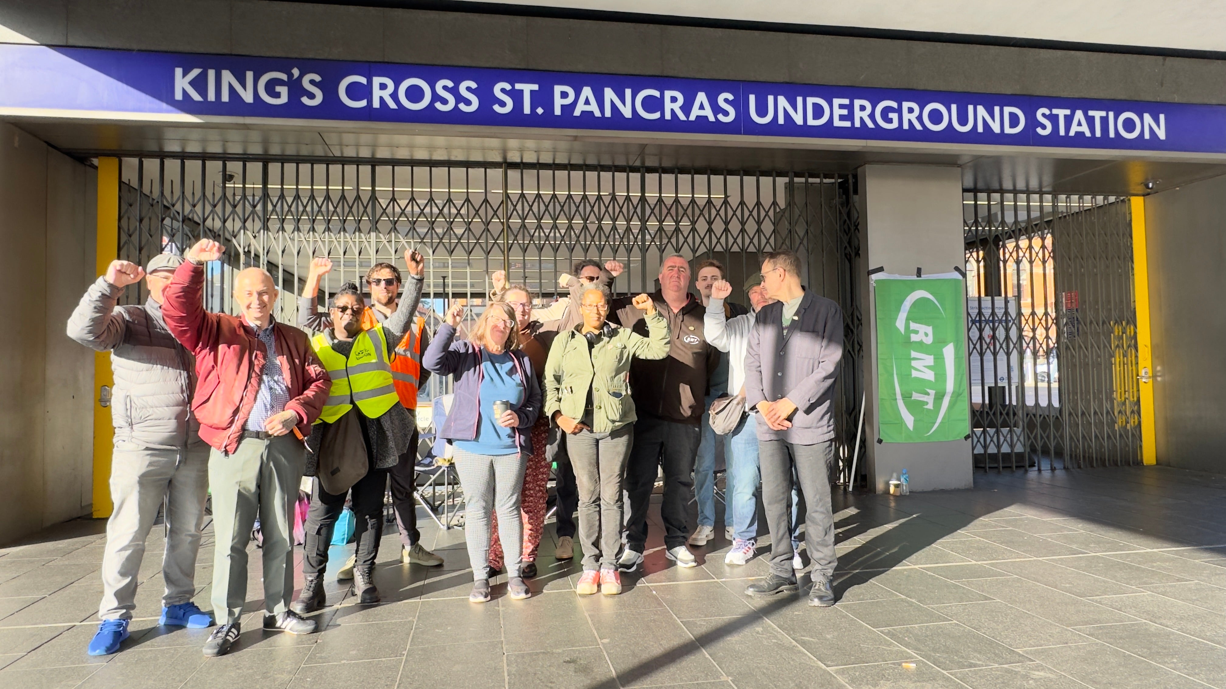 The picket line outside an entrance to King’s Cross St Pancras Underground station where members of the Rail, Maritime and Transport (RMT) union gathered on Monday morning
