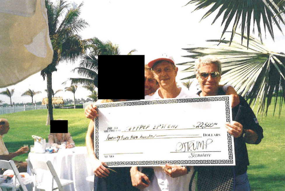 A picture of Epstein posing with a joke check was included in the latest release