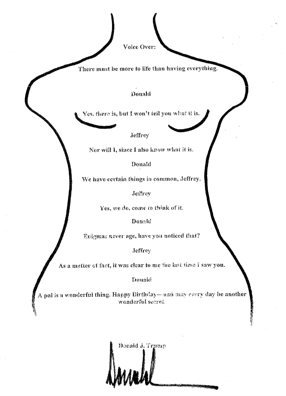 A birthday note for Jeffrey Epstein’s 50th birthday in 2003 that appears to have been signed by Donald Trump